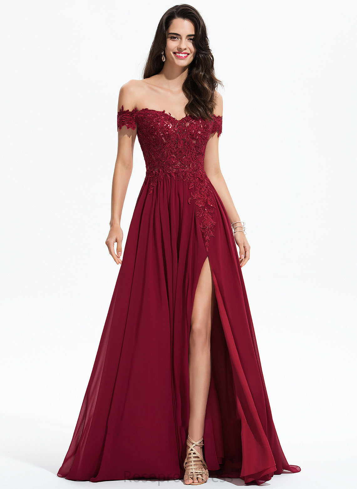 Off-the-Shoulder A-Line Prom Dresses Train Chiffon Lace Kaydence Sweep With Sequins
