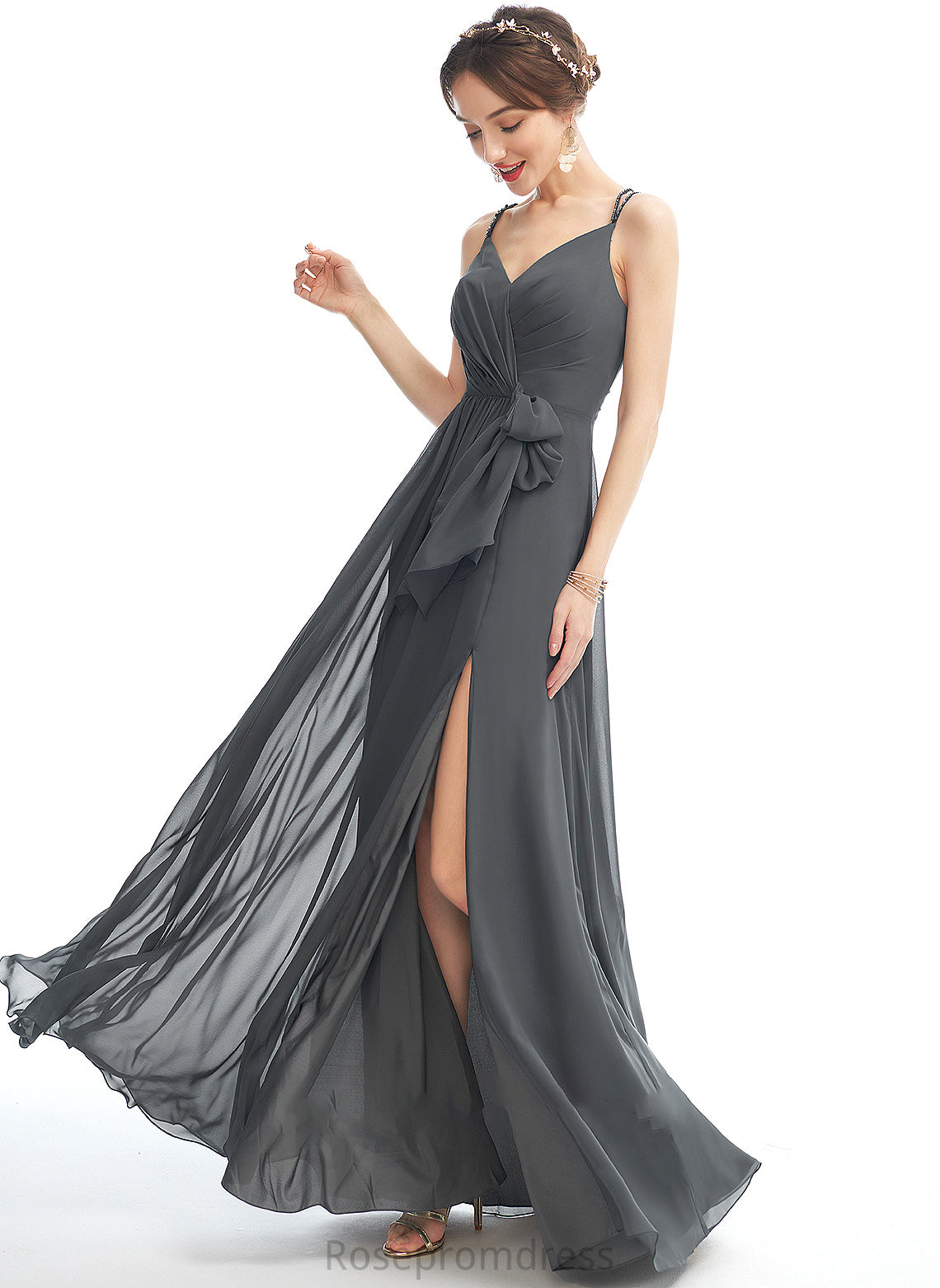 Ruffle Silhouette A-Line V-neck Floor-Length Beading Neckline Length Embellishment Fabric SplitFront Alyson Bridesmaid Dresses