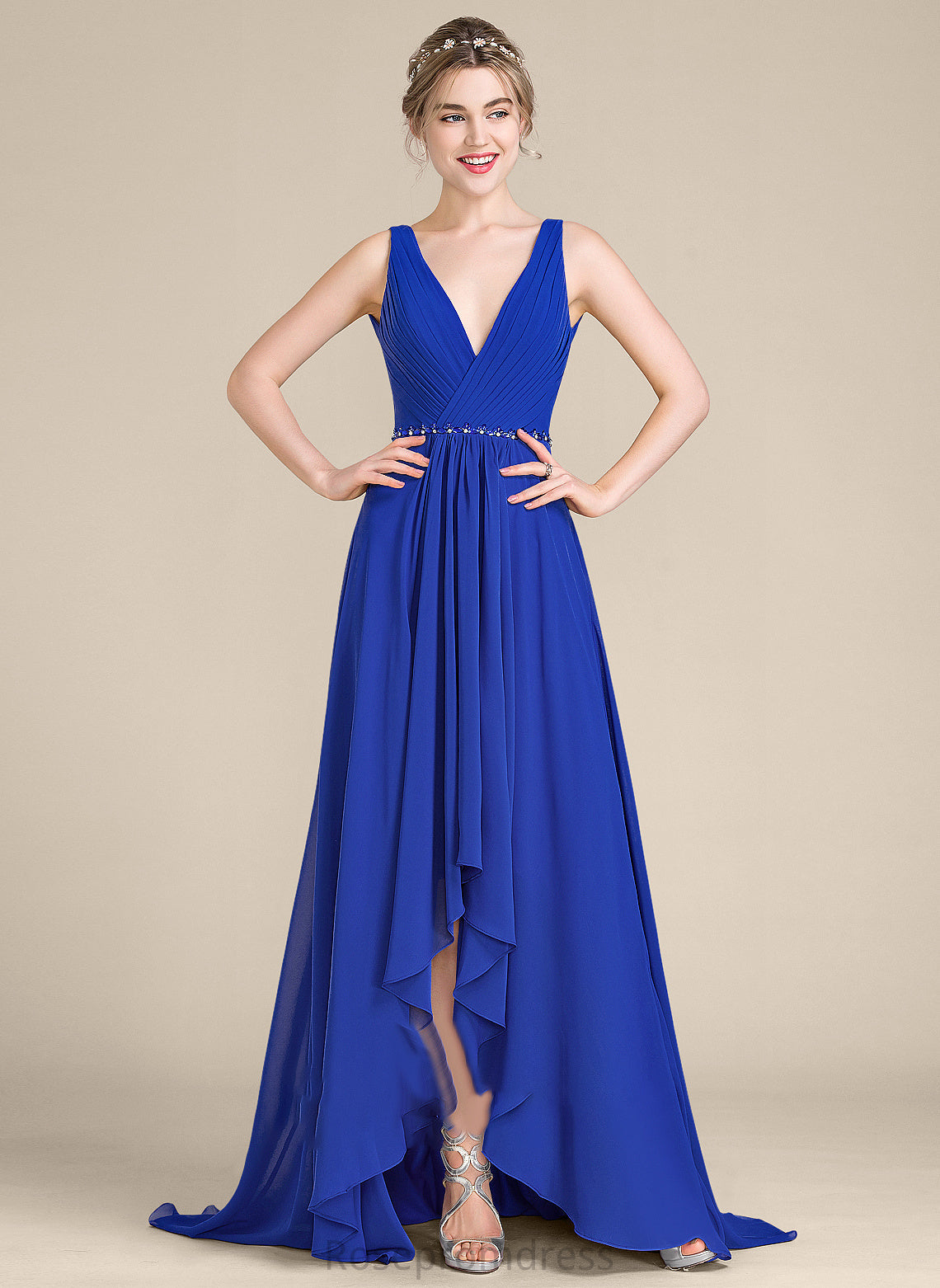 Prom Dresses Beading Chiffon Sequins Raven V-neck With A-Line Ruffle Asymmetrical