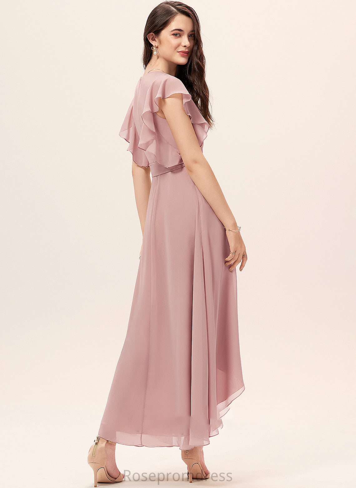 Neckline A-Line Ruffle V-neck Length Silhouette Embellishment Asymmetrical Fabric Emerson Scoop Sleeveless Bridesmaid Dresses