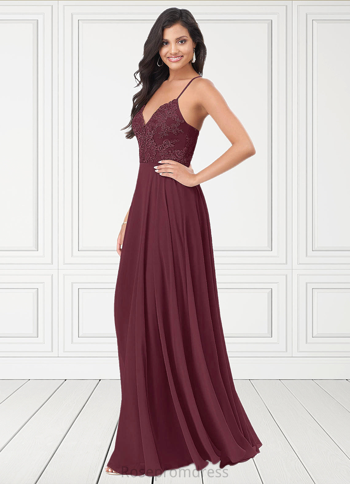 Bridget A-Line Lace Chiffon Floor-Length Dress SRSP0019641