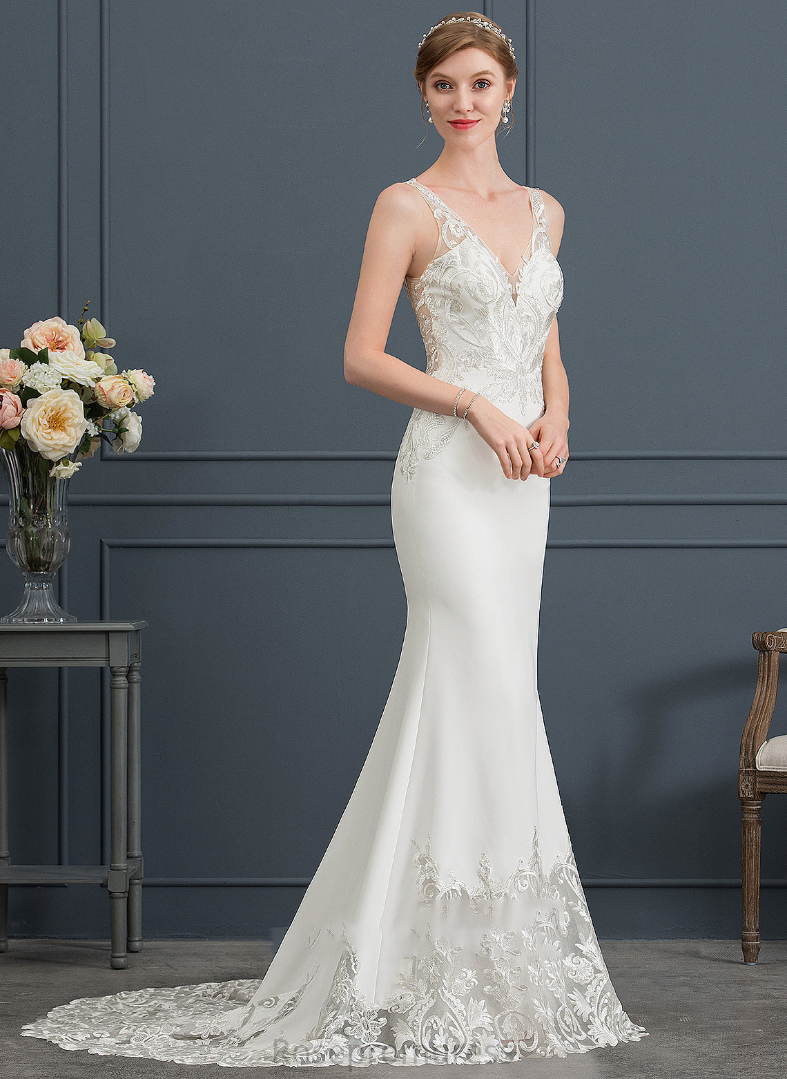 Court Trumpet/Mermaid Crepe Wedding Dresses Dress V-neck Train Stretch Wedding Addyson
