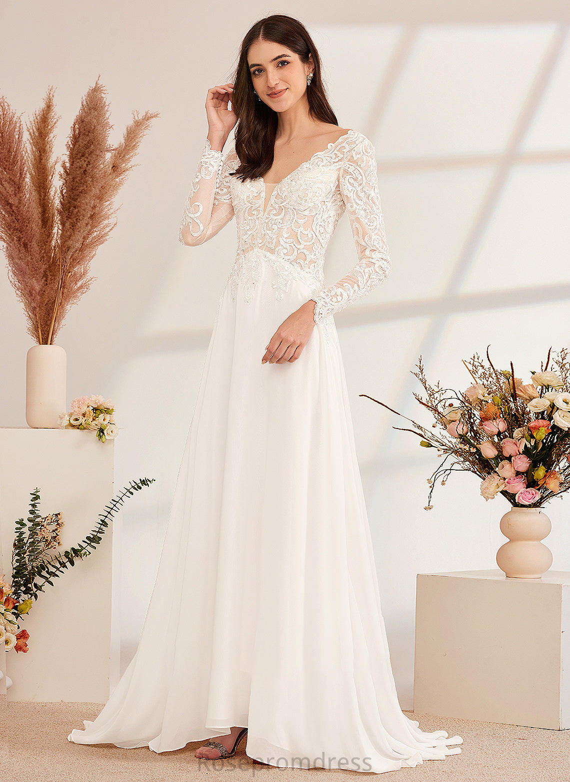Beading Roberta A-Line Wedding Dresses With V-neck Wedding Sweep Train Dress