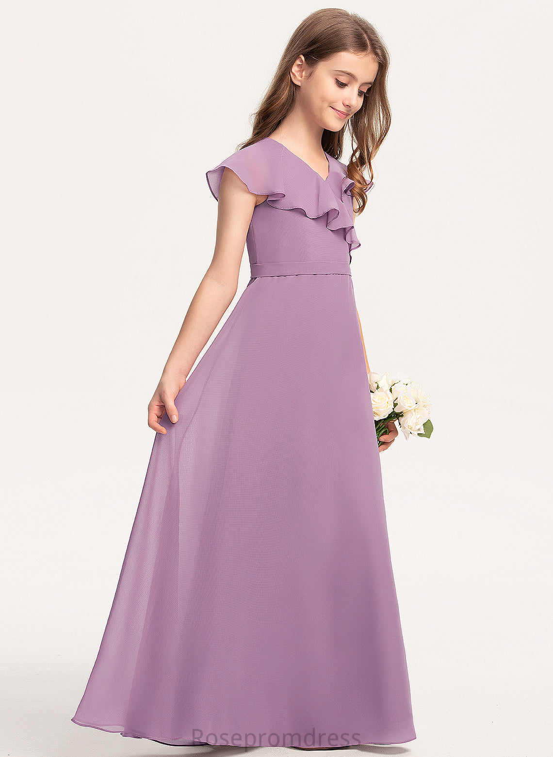 With Junior Bridesmaid Dresses A-Line Ruffles Floor-Length Bow(s) Cascading Chiffon Cloe V-neck