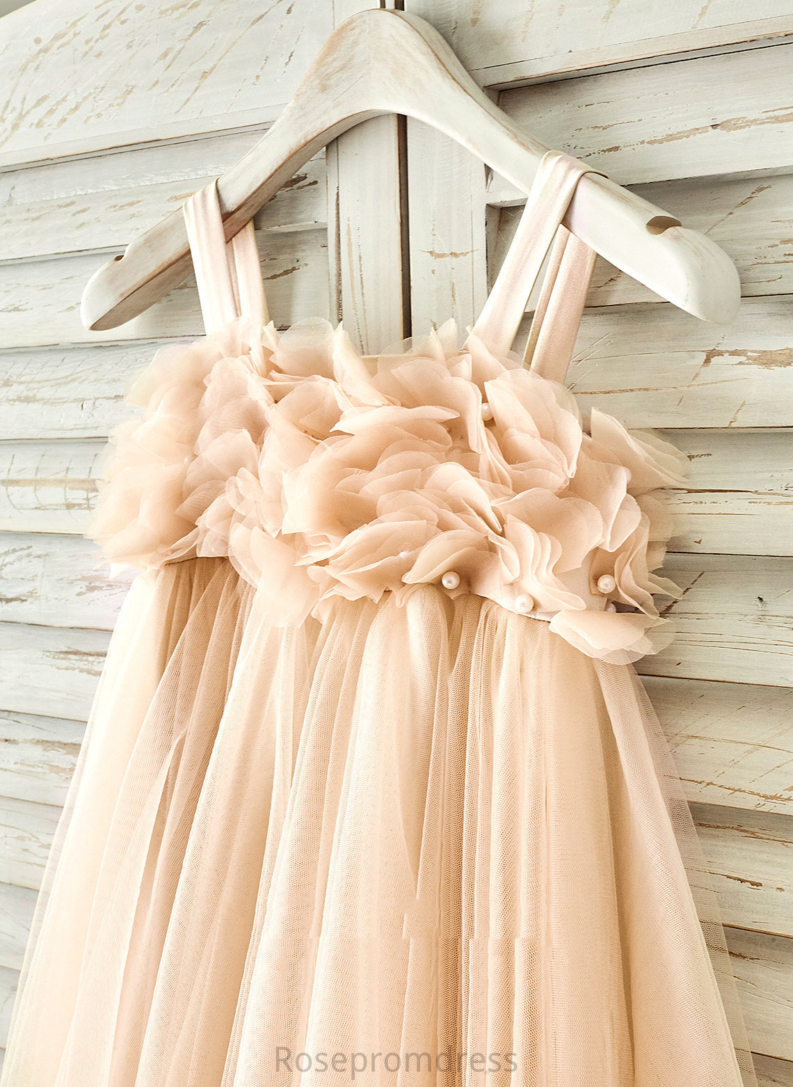Girl With Sleeveless Flower Straps Beading Knee-length Elle A-Line/Princess Flower Girl Dresses - Tulle Dress