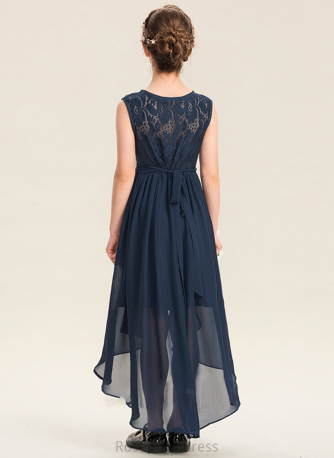 Bow(s) Junior Bridesmaid Dresses Ruffles With Chiffon A-Line Camille Asymmetrical Neck Scoop Cascading Lace