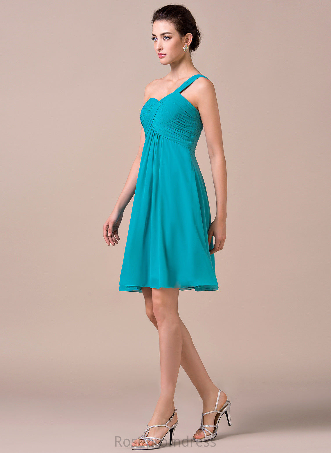 One-Shoulder Fabric Ruffle Embellishment Length Neckline Knee-Length Silhouette Empire Marcia Sleeveless Natural Waist Bridesmaid Dresses