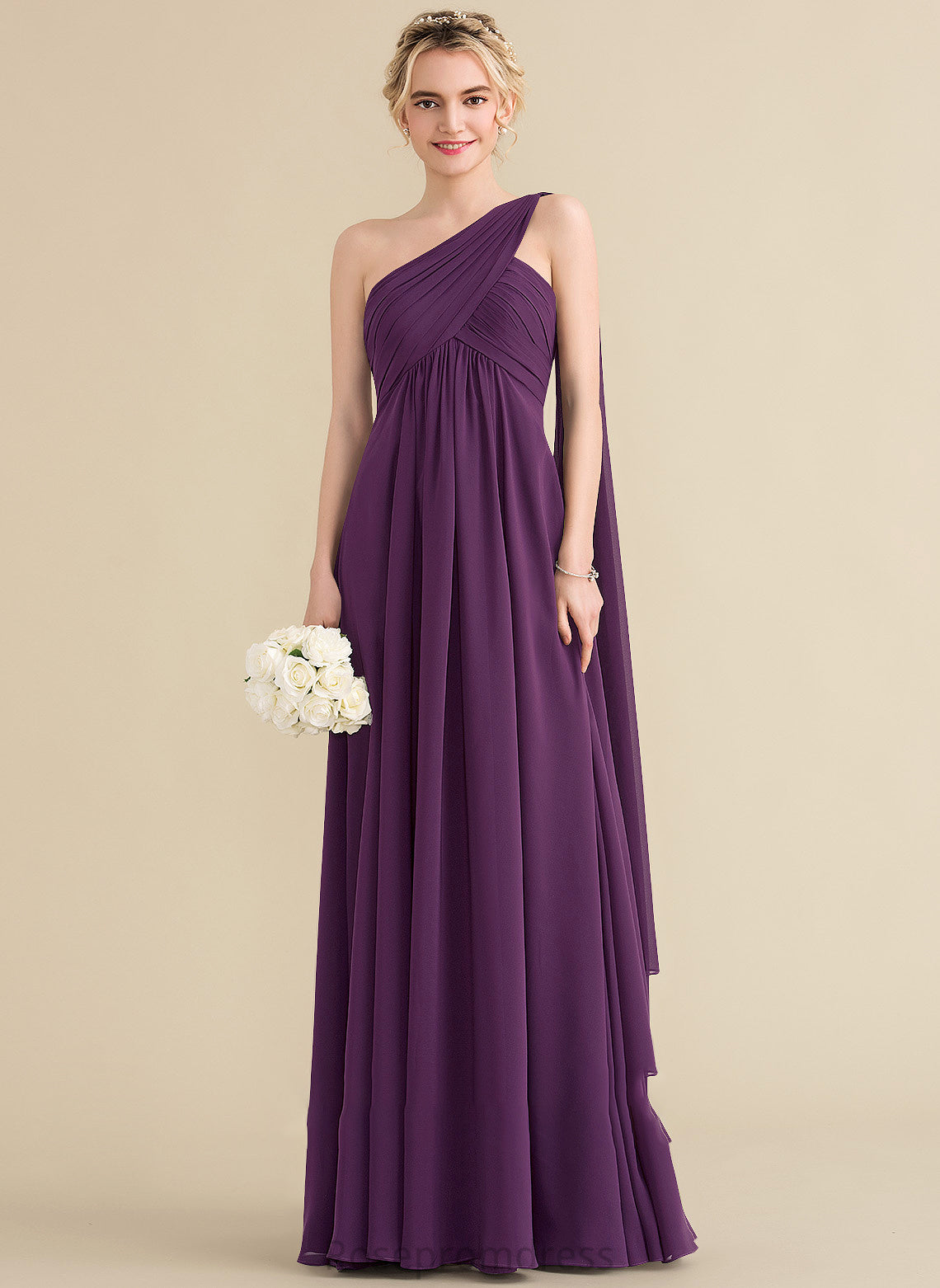 Ruffle Neckline Length Silhouette One-Shoulder A-Line Embellishment Floor-Length Fabric Aurora Sleeveless Empire Waist Bridesmaid Dresses