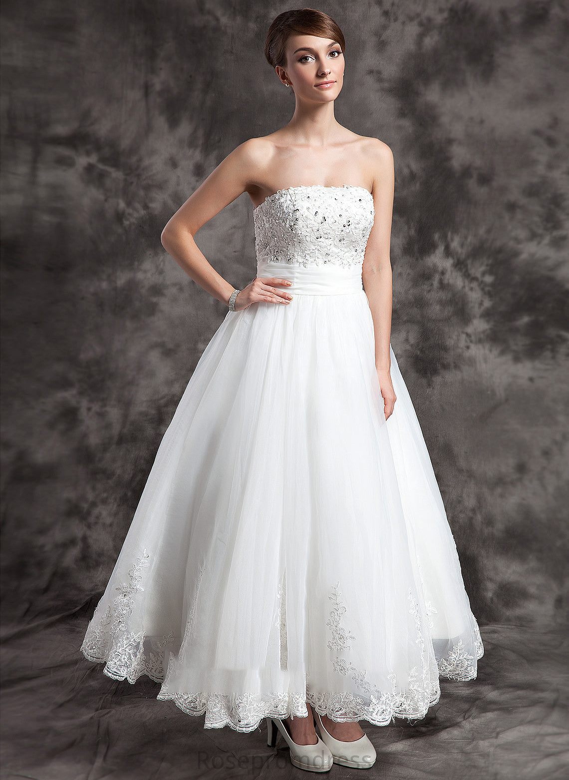 Satin With Victoria Ball-Gown/Princess Beading Wedding Wedding Dresses Ankle-Length Organza Lace Strapless Dress