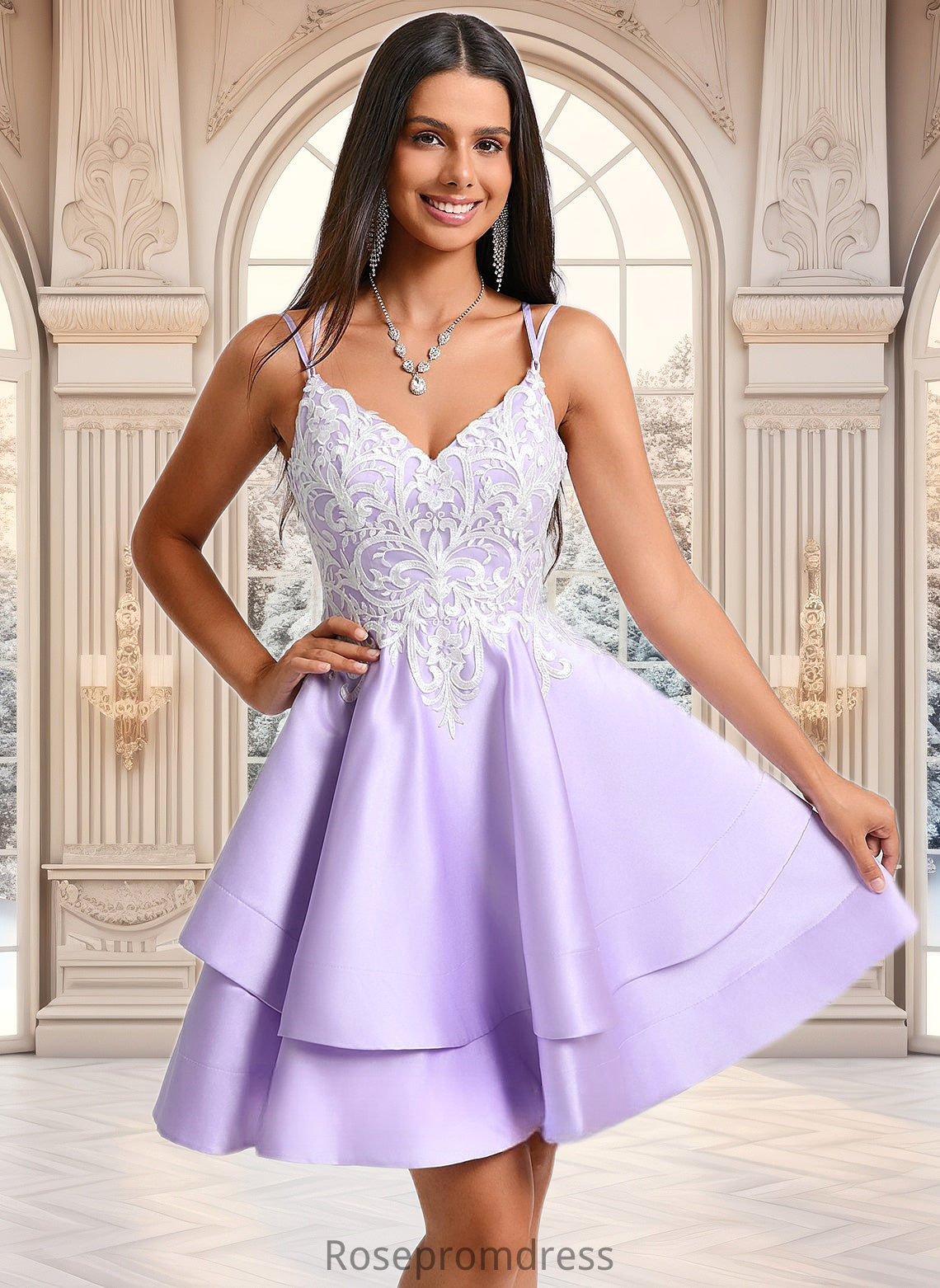 Amaris A-line V-Neck Short Satin Homecoming Dress With Appliques Lace DSP0025696