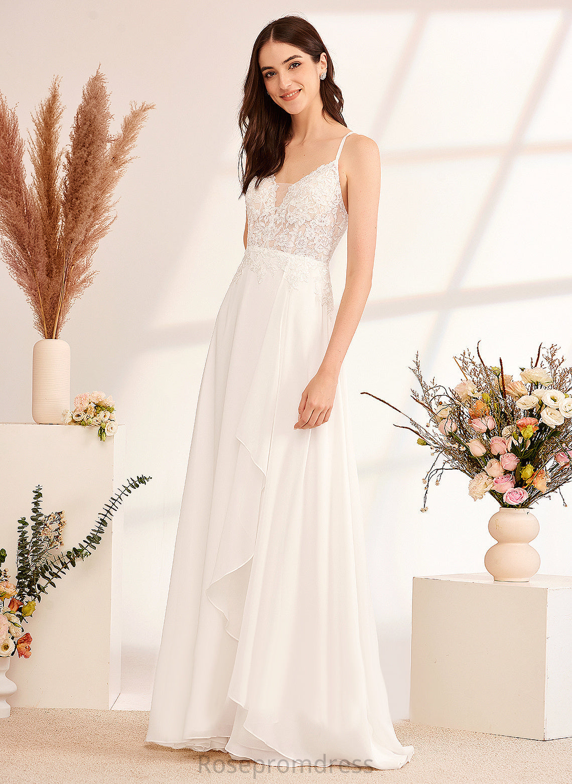 Floor-Length Wedding Wedding Dresses Chiffon Dress Anabella With A-Line V-neck Lace Sequins