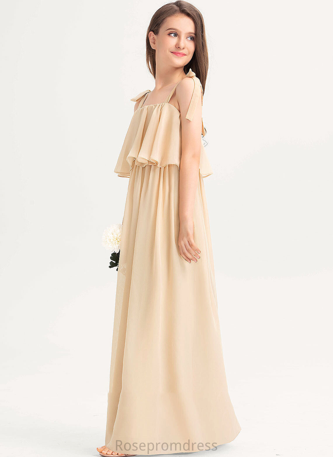 Ruffles A-Line Amber With Neckline Bow(s) Floor-Length Junior Bridesmaid Dresses Square Chiffon Cascading