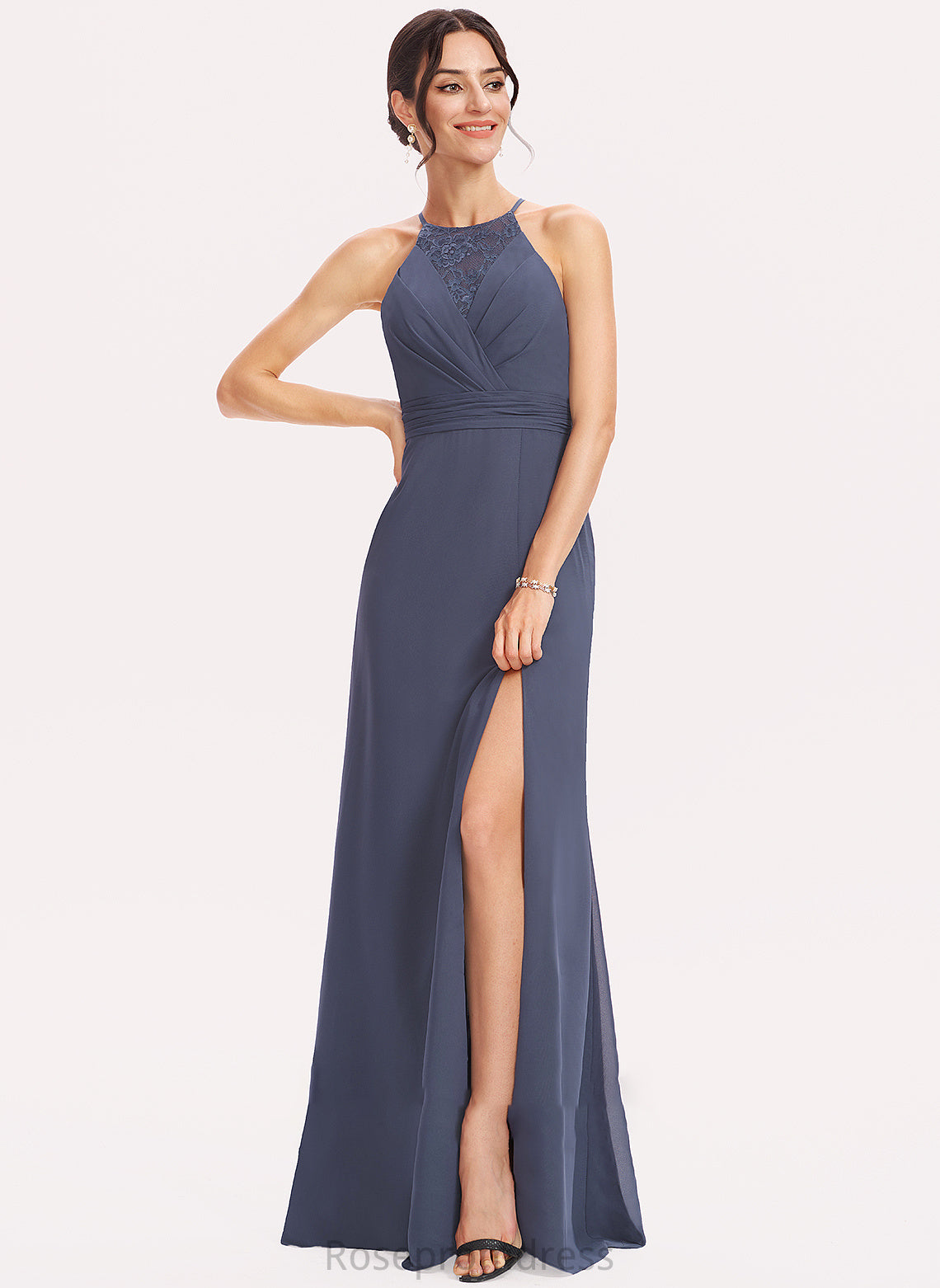 A-Line Lace Neckline SplitFront Fabric Halter Embellishment Length Floor-Length Silhouette Viola V-Neck Bridesmaid Dresses