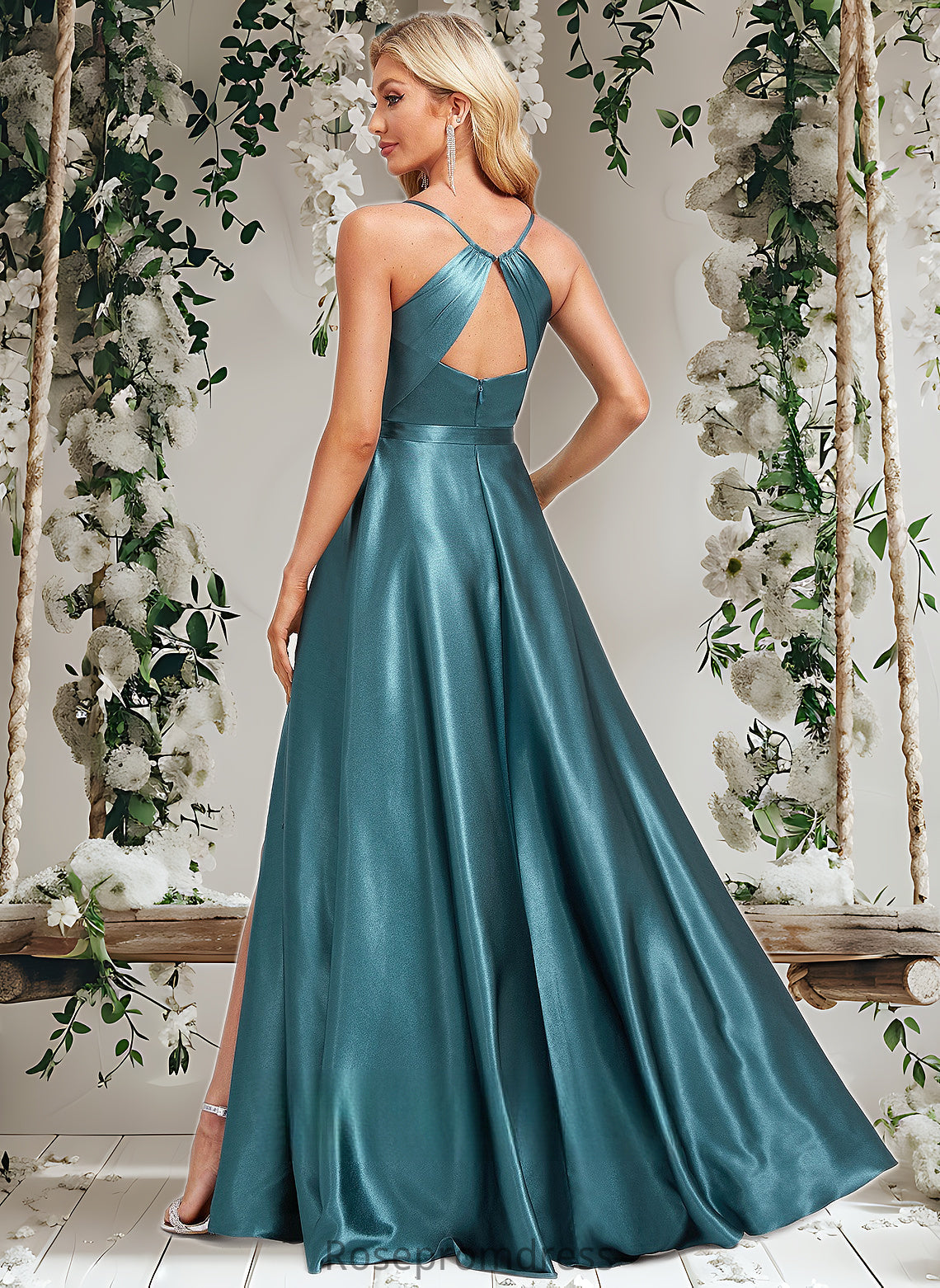 Kailyn A-line Cowl Floor-Length Stretch Satin Bridesmaid Dress With Ruffle DSP0025781