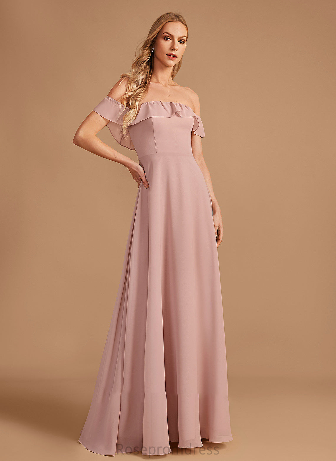 Off-the-Shoulder Length Embellishment Floor-Length Ruffle Silhouette Fabric Neckline A-Line Abagail Natural Waist Spaghetti Staps Bridesmaid Dresses