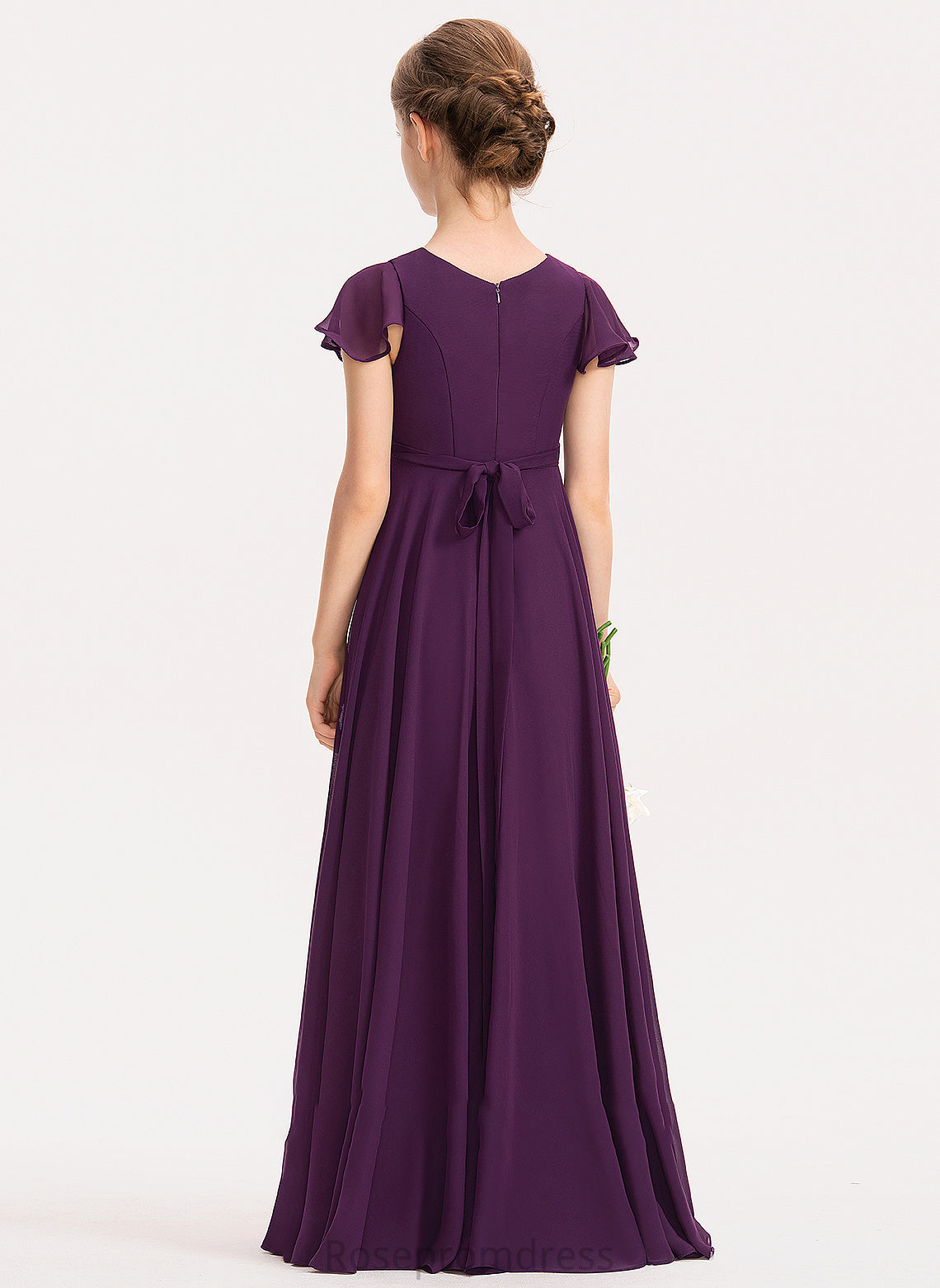 Ruffles With Floor-Length Chiffon Cascading Alia A-Line Junior Bridesmaid Dresses V-neck Bow(s)