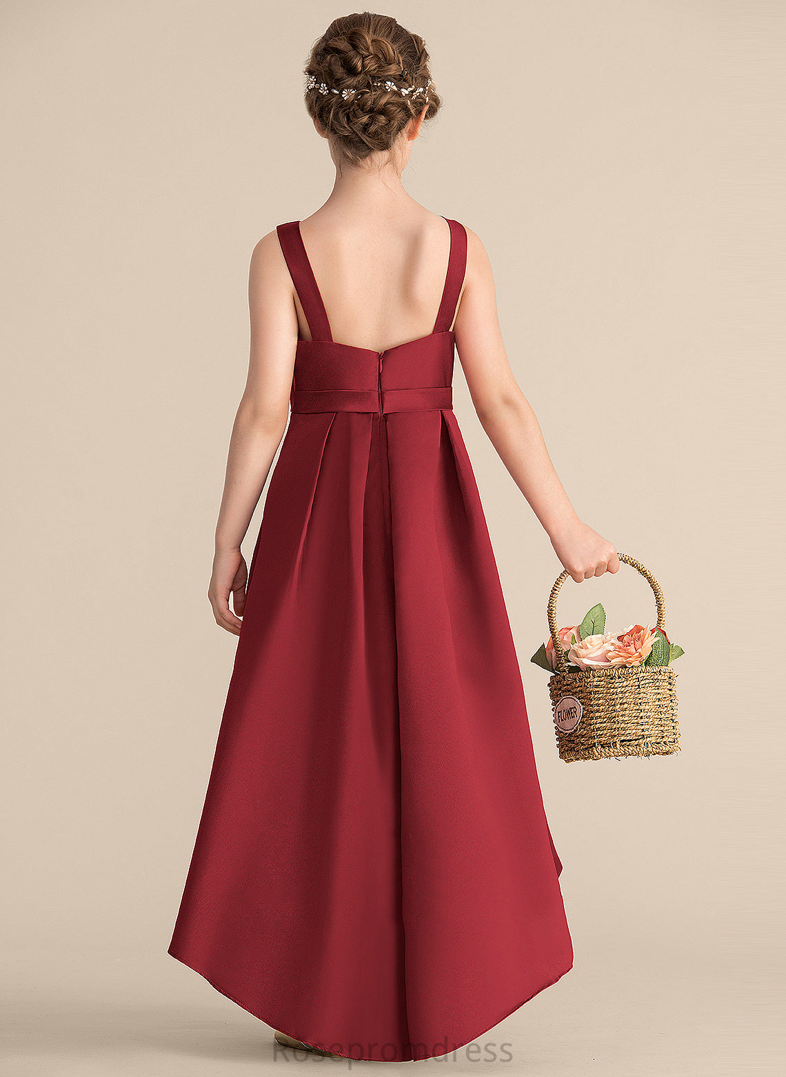 Asymmetrical Satin Pockets Scoop Ruffle Rayna Neck Junior Bridesmaid Dresses A-Line With