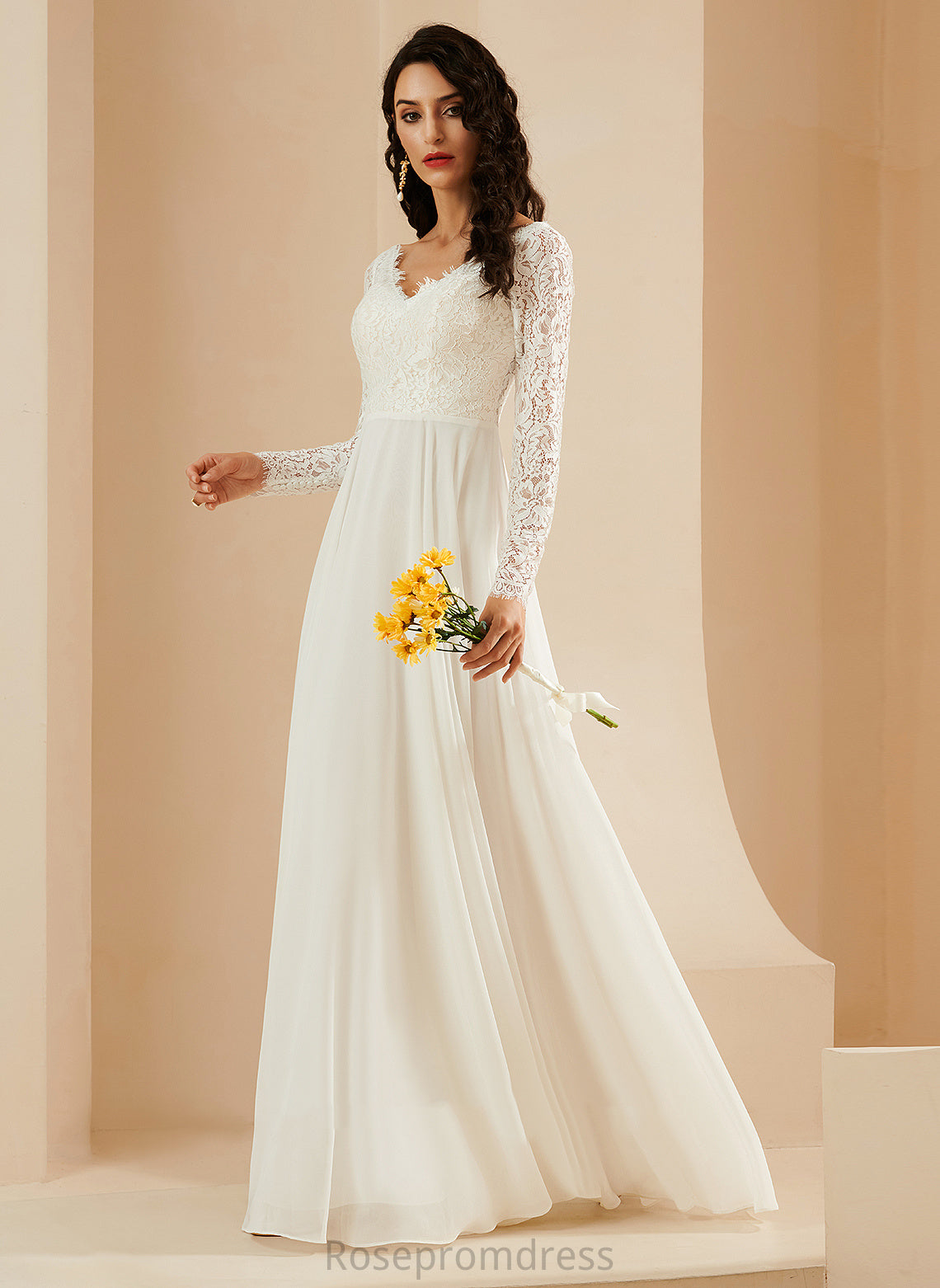 Chasity Train Wedding Dresses Wedding Lace A-Line With V-neck Sweep Chiffon Dress