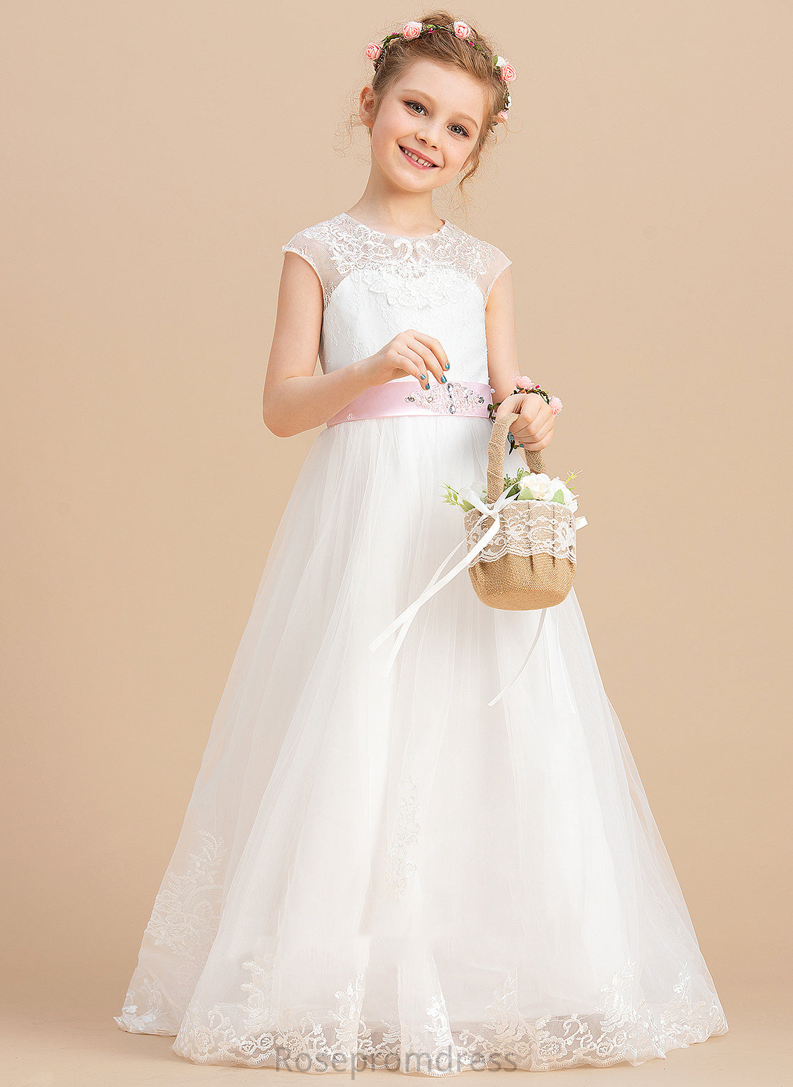 Flower - Dress Neck Justice Girl Ball-Gown/Princess NOT Scoop Sash/Beading/Appliques/Bow(s) Flower Girl Dresses With Tulle/Lace included) Floor-length Sleeveless (Petticoat