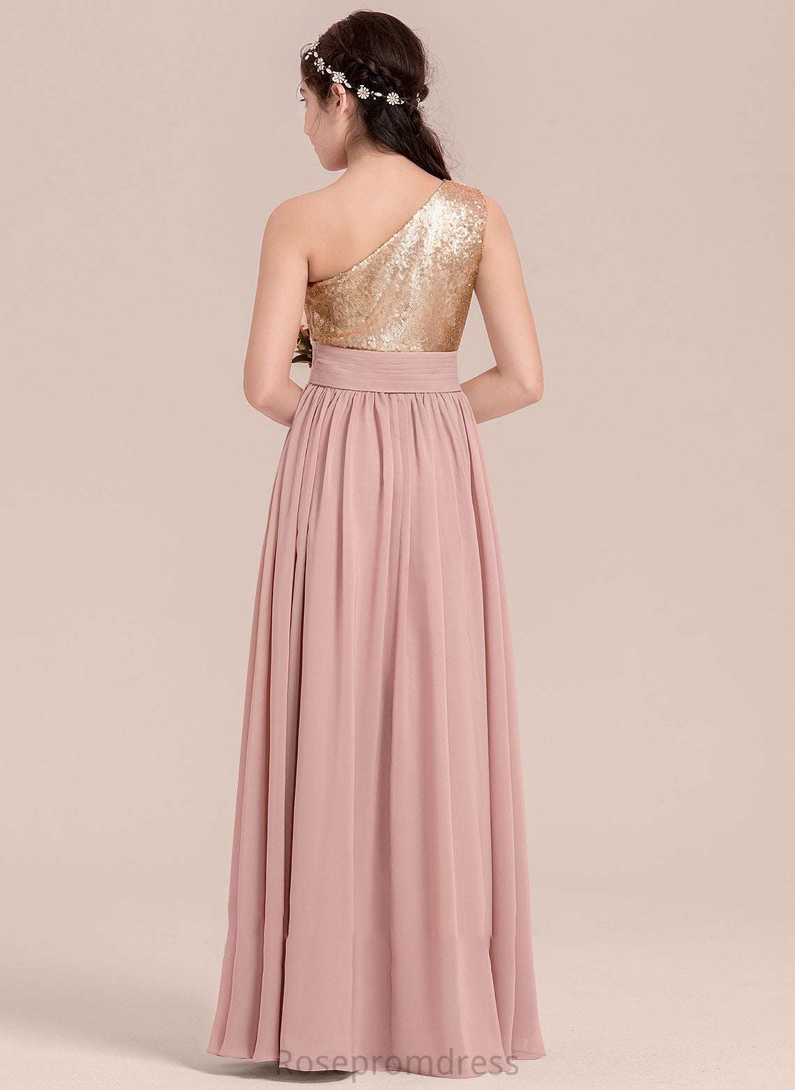 One-Shoulder Ruffle Junior Bridesmaid Dresses Chiffon Undine A-Line Floor-Length With