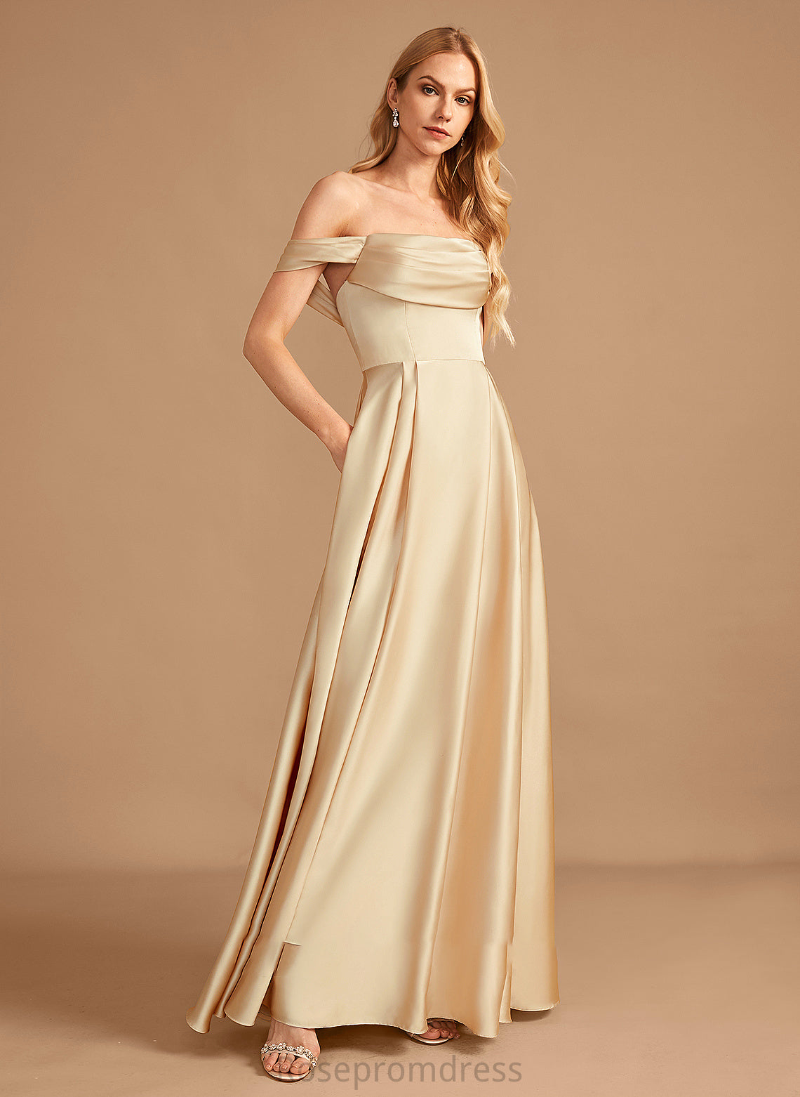 Pockets Floor-Length A-Line Neckline SplitFront Length Off-the-Shoulder Embellishment Silhouette Fabric Maud Floor Length Bridesmaid Dresses