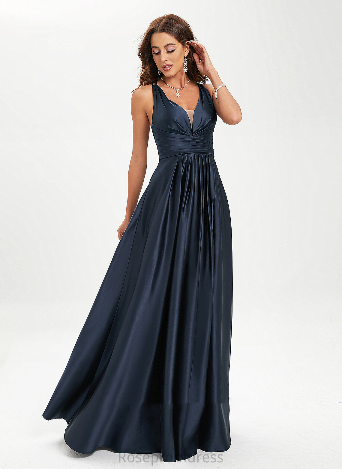Pleated With Satin A-Line Prom Dresses V-neck Eve Floor-Length