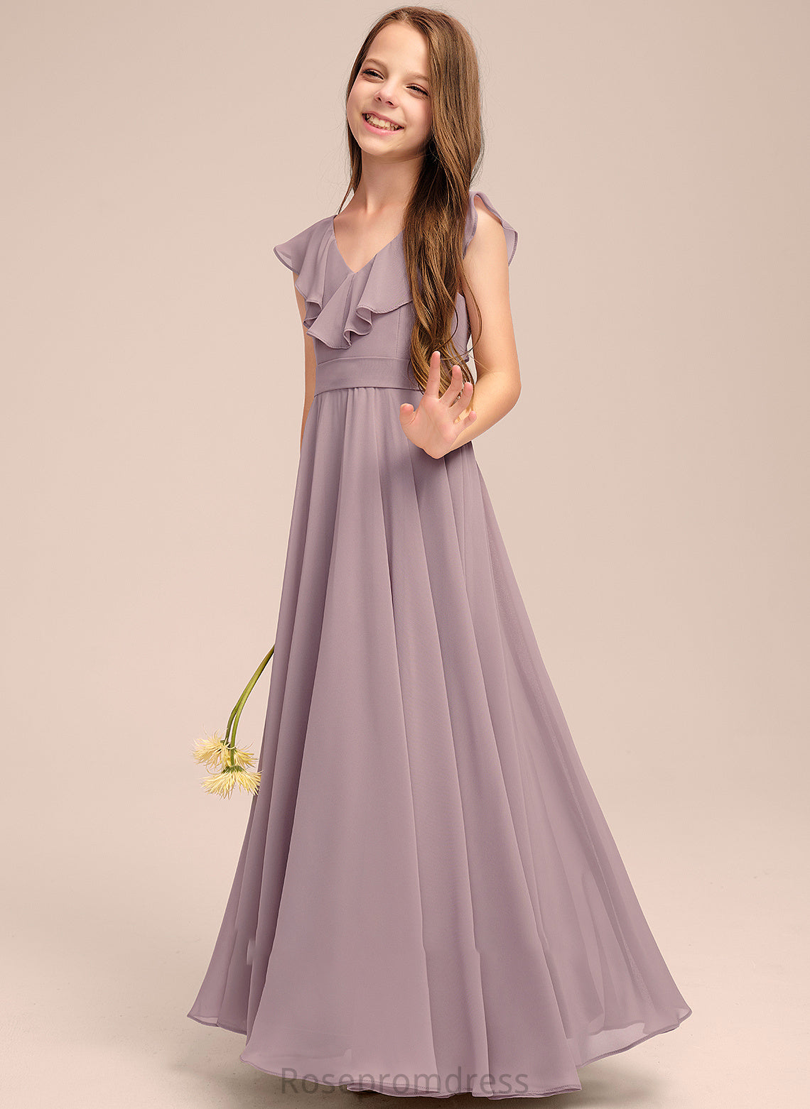 Cascading A-Line Chiffon V-neck Junior Bridesmaid Dresses Muriel Ruffles With Floor-Length