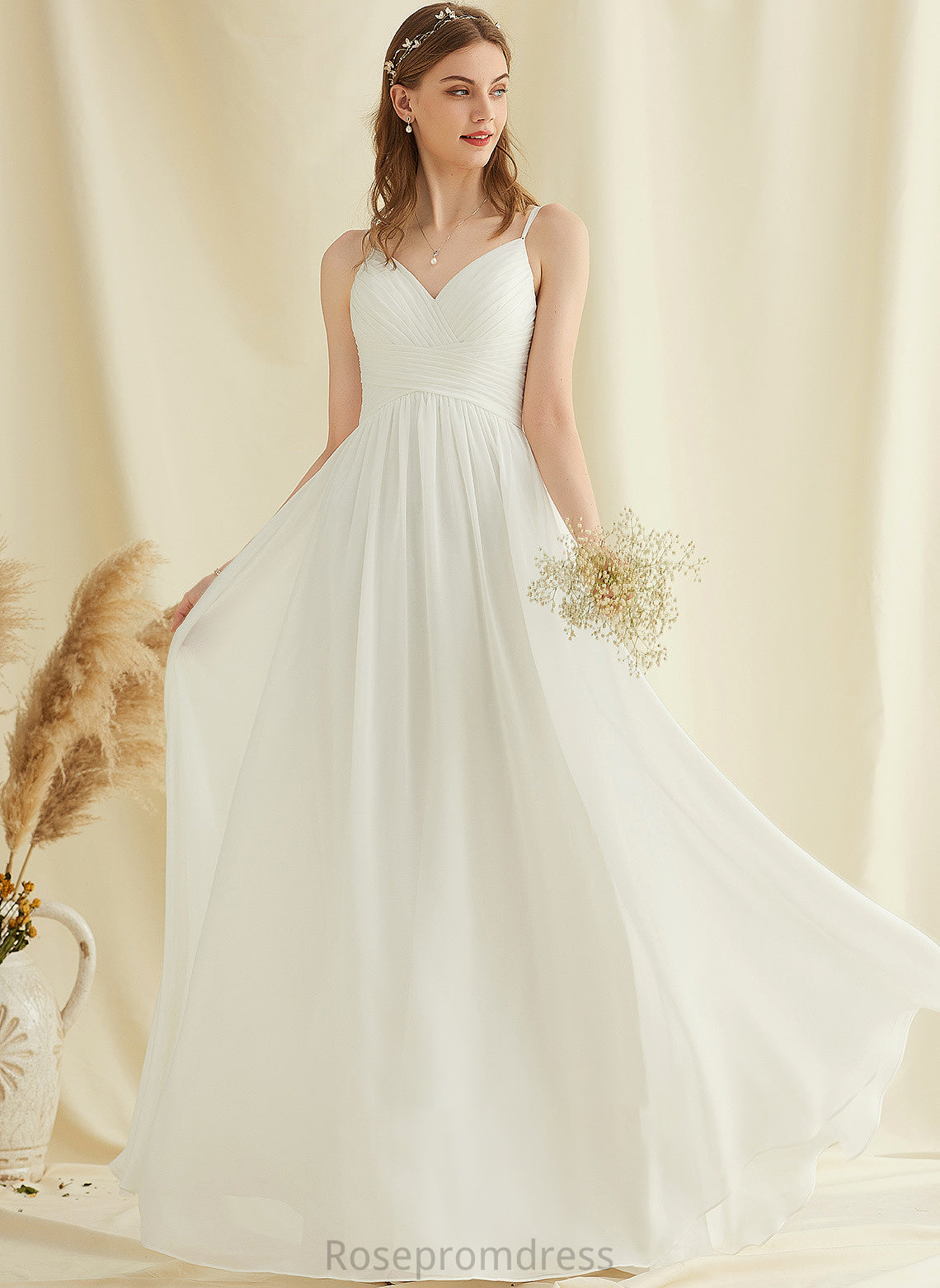 Elyse Wedding A-Line With Dress Chiffon Floor-Length Wedding Dresses Lace V-neck