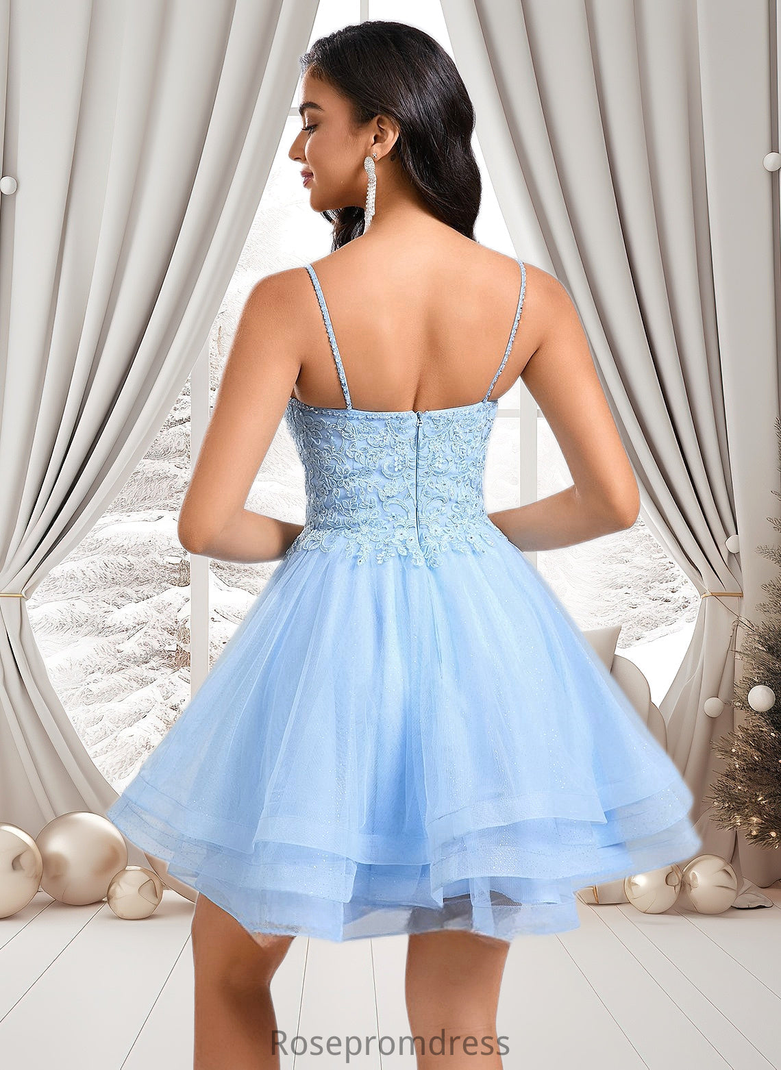 Izabella A-line V-Neck Short Lace Tulle Homecoming Dress With Rhinestone Sequins DSP0025658