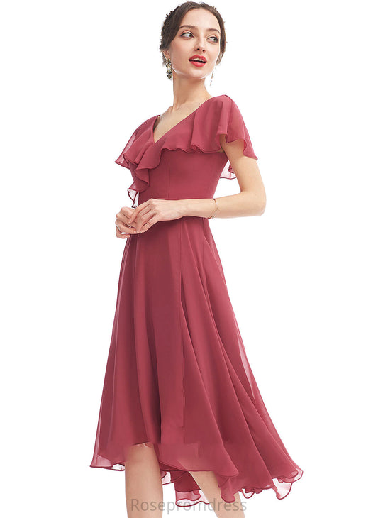 Neckline Fabric A-Line Silhouette Embellishment Length Ruffle V-neck Asymmetrical Violet Bridesmaid Dresses