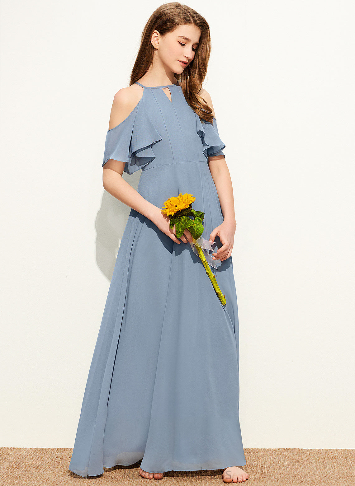 Junior Bridesmaid Dresses A-Line Floor-Length With Scoop Chiffon Teresa Neck Cascading Ruffles