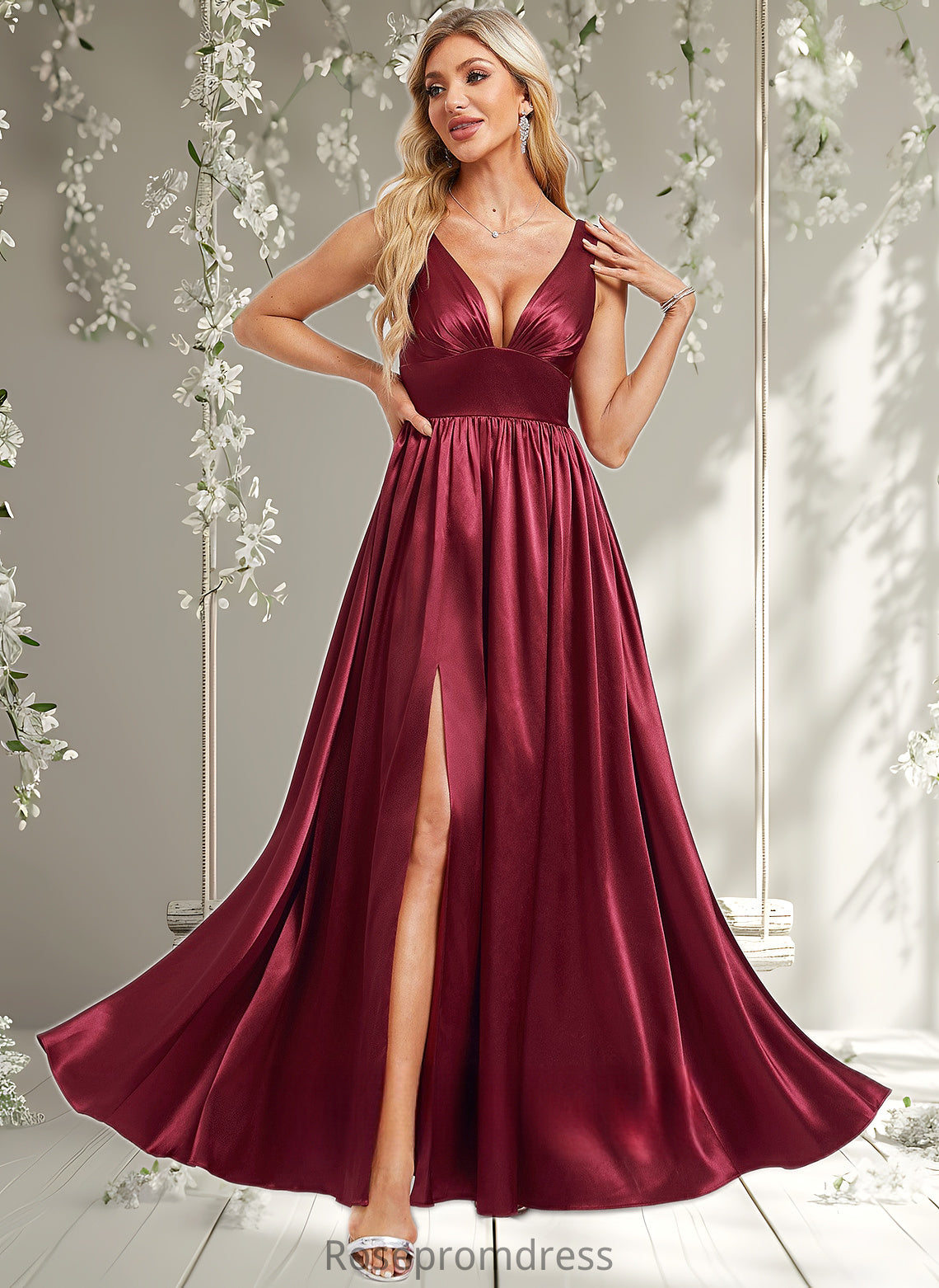Phoebe A-line V-Neck Floor-Length Stretch Satin Bridesmaid Dress DSP0025771