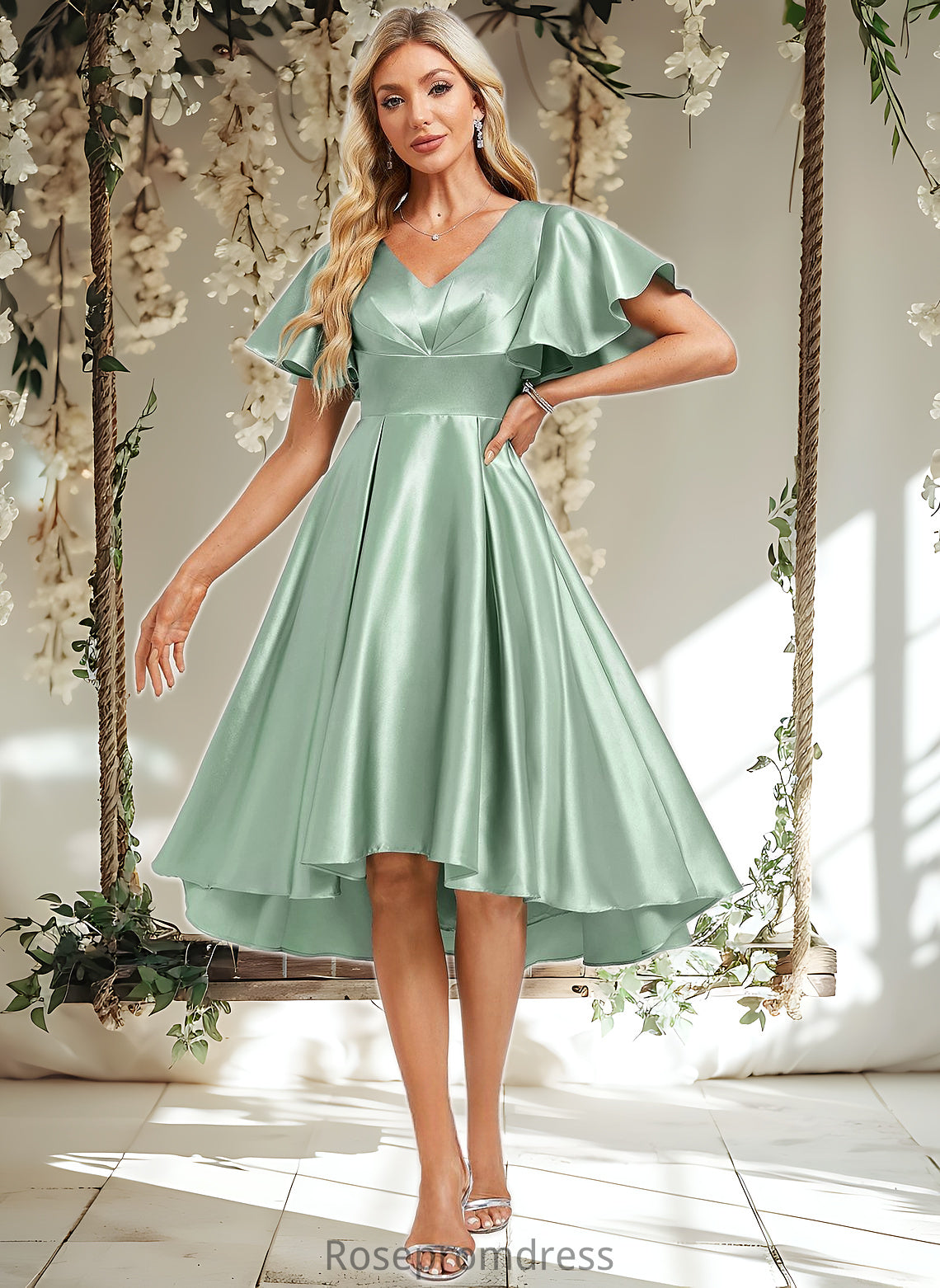 Tracy A-line V-Neck Asymmetrical Stretch Satin Bridesmaid Dress With Ruffle DSP0025772