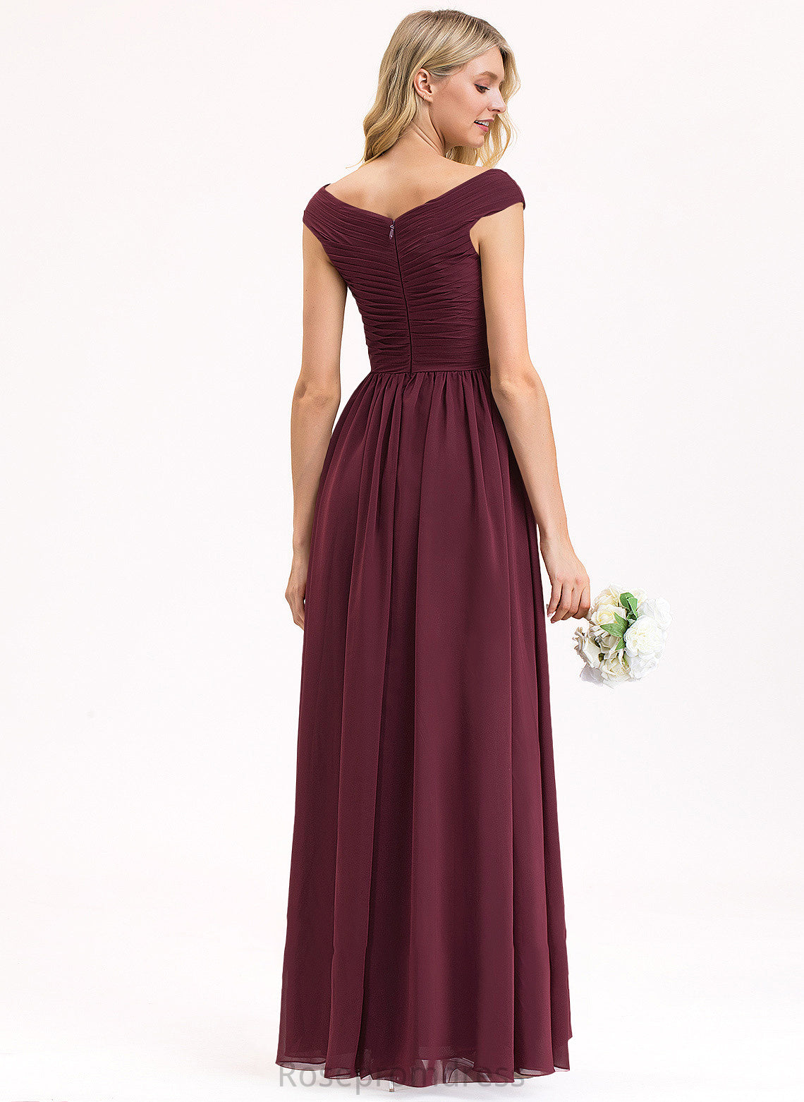 Neckline Off-the-Shoulder Silhouette Fabric Pockets Embellishment Length Floor-Length SplitFront A-Line Ruffle Sara Bridesmaid Dresses