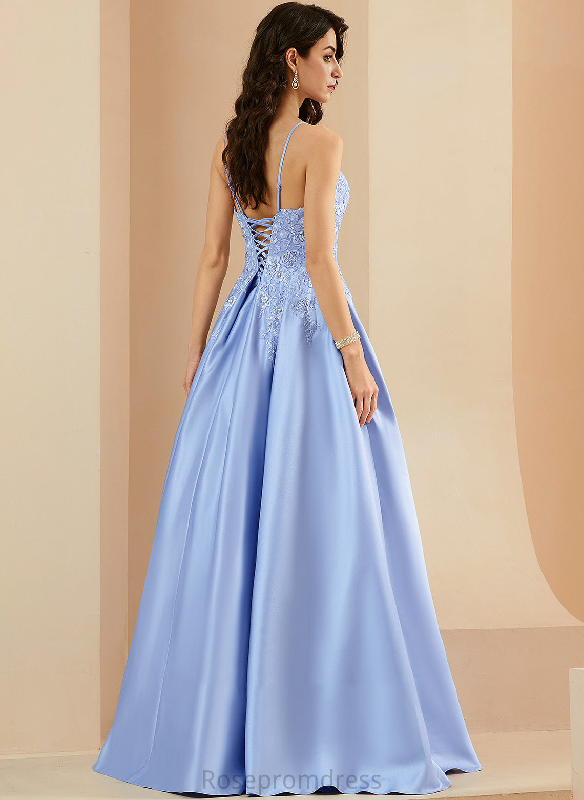 Satin Beading Ball-Gown/Princess Floor-Length Prom Dresses Ursula With Sequins V-neck