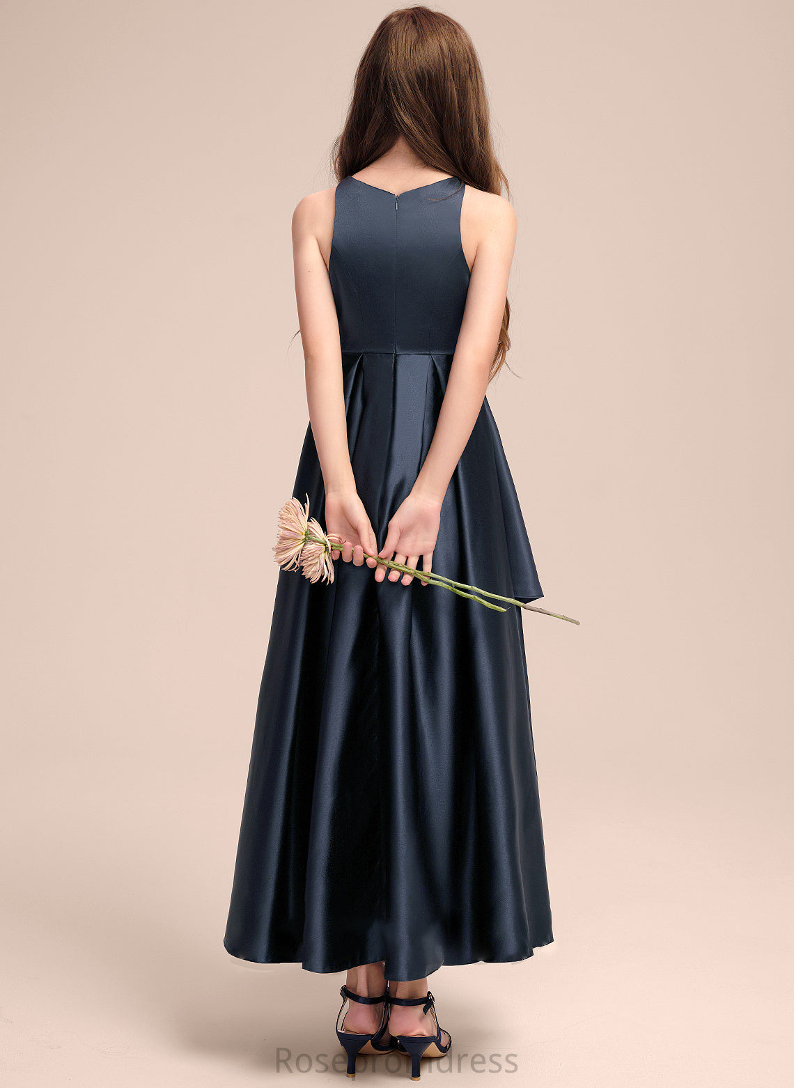 Ruffles Esther Cascading Neck A-Line Scoop Junior Bridesmaid Dresses Satin Asymmetrical With