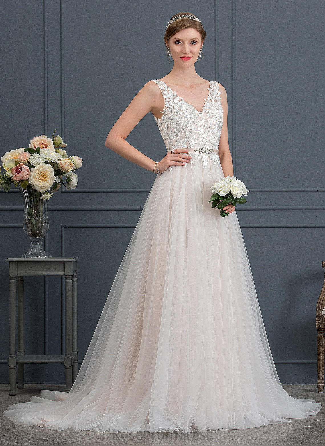 Court Wedding With Train Beading Dress A-Line Wedding Dresses V-neck Tulle Sharon