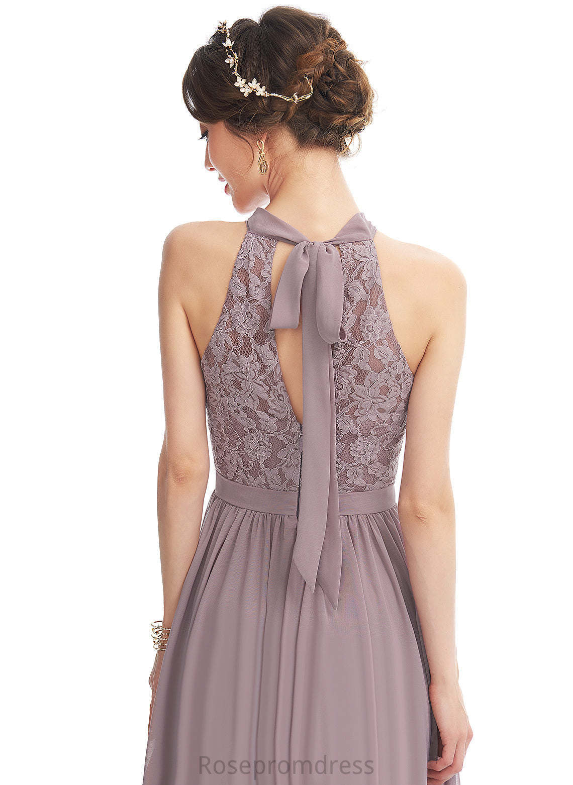 A-line Lace Floor-Length Fabric Silhouette Halter Length Straps&Sleeves Neckline Geraldine Bridesmaid Dresses