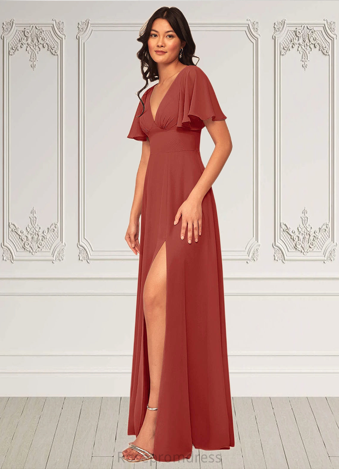 Angela A-Line Ruched Chiffon Floor-Length Dress SRSP0019603