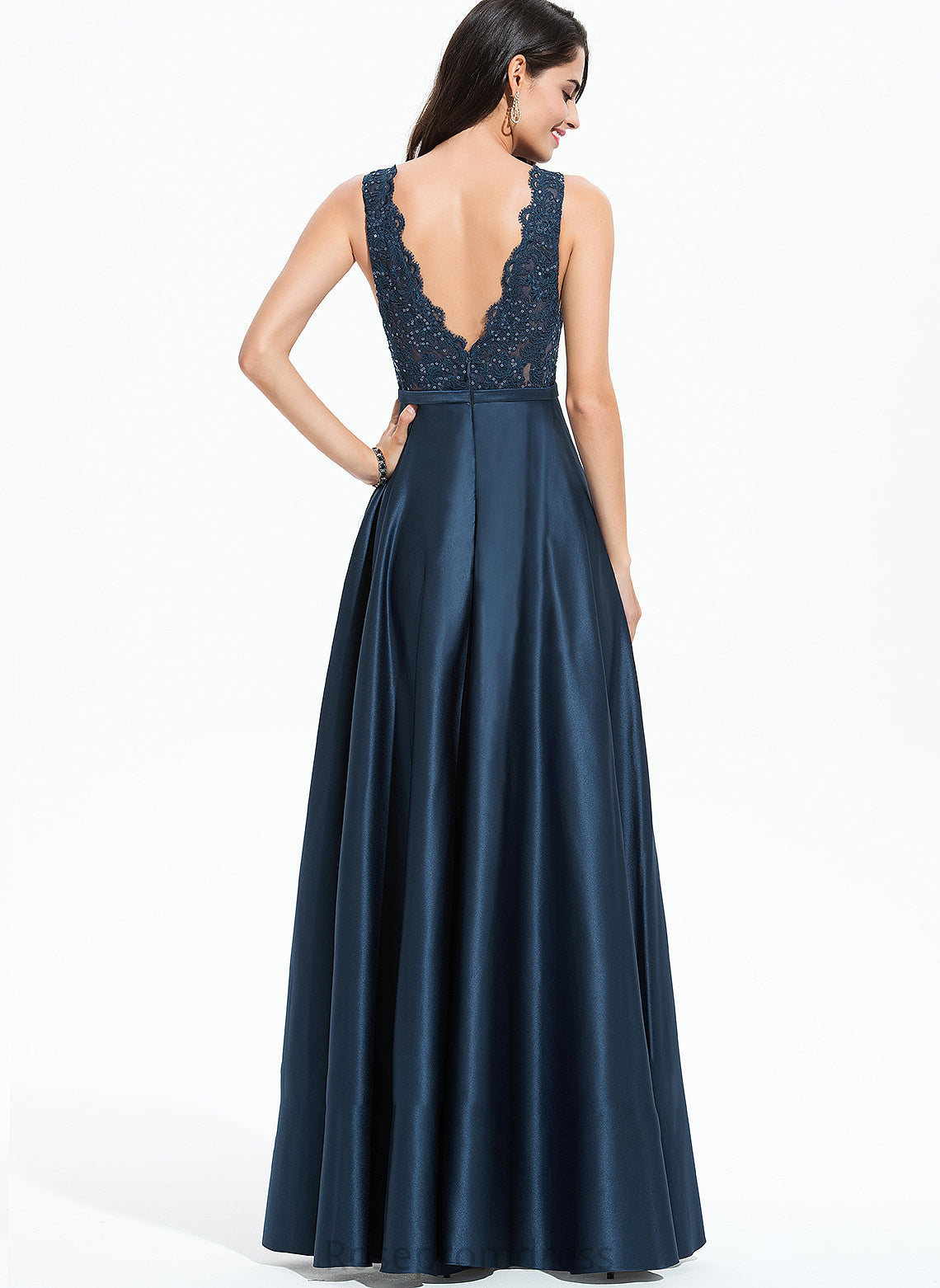 Prom Dresses Satin Pockets Lace Katherine With Sequins A-Line Floor-Length Split Front V-neck