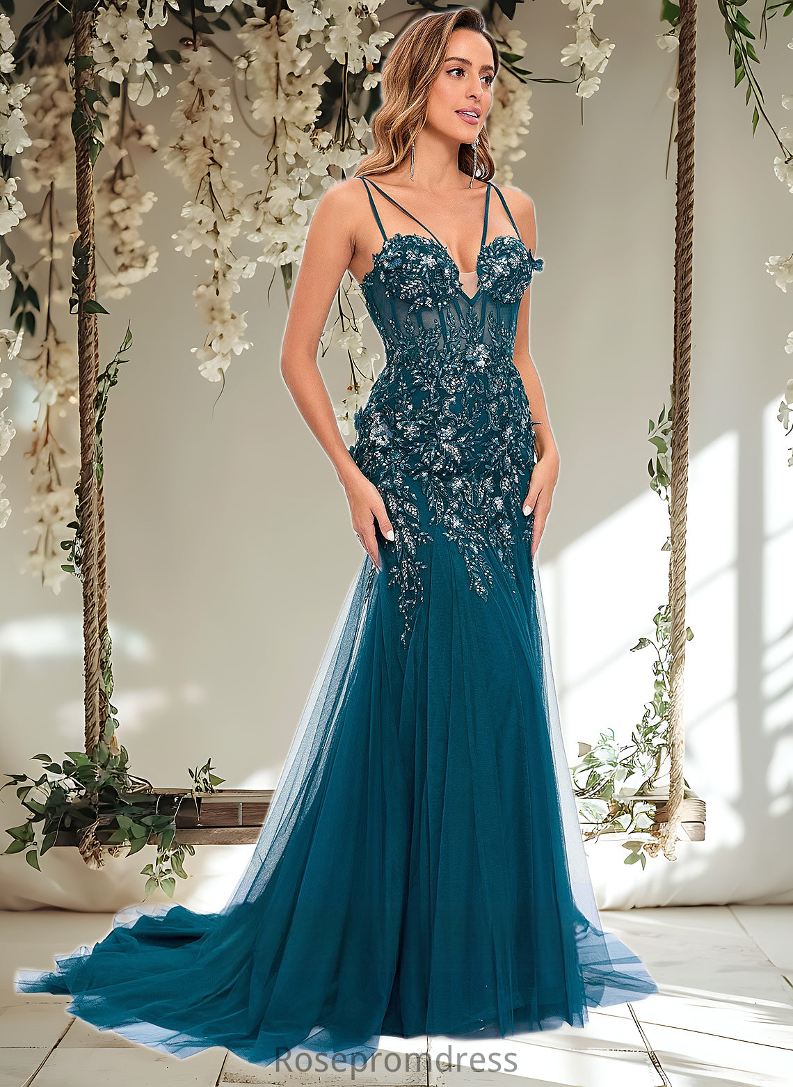 Sophia Trumpet/Mermaid V-Neck Sweep Train Tulle Prom Dresses With Sequins Appliques Lace DSP0025853