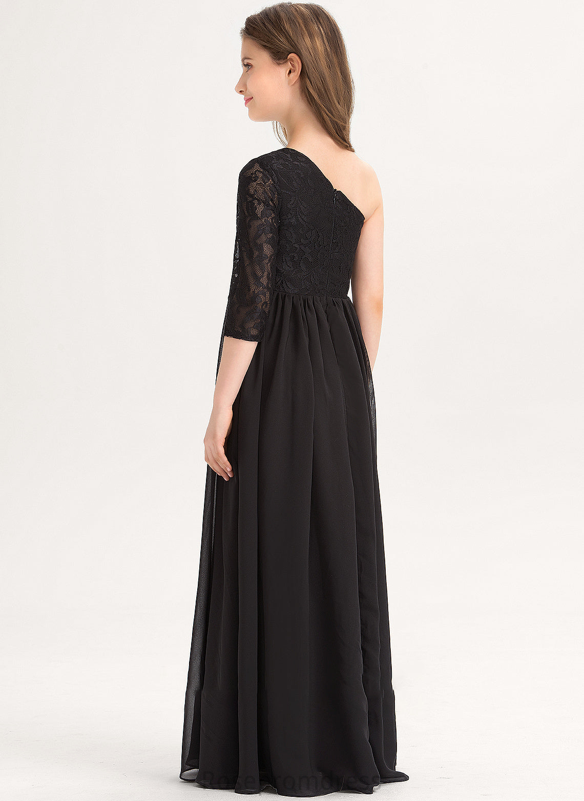 Aliyah Lace One-Shoulder Floor-Length Chiffon Junior Bridesmaid Dresses A-Line