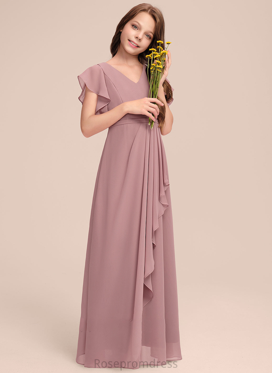 Precious V-neck Cascading Ruffles Junior Bridesmaid Dresses With Floor-Length A-Line Chiffon