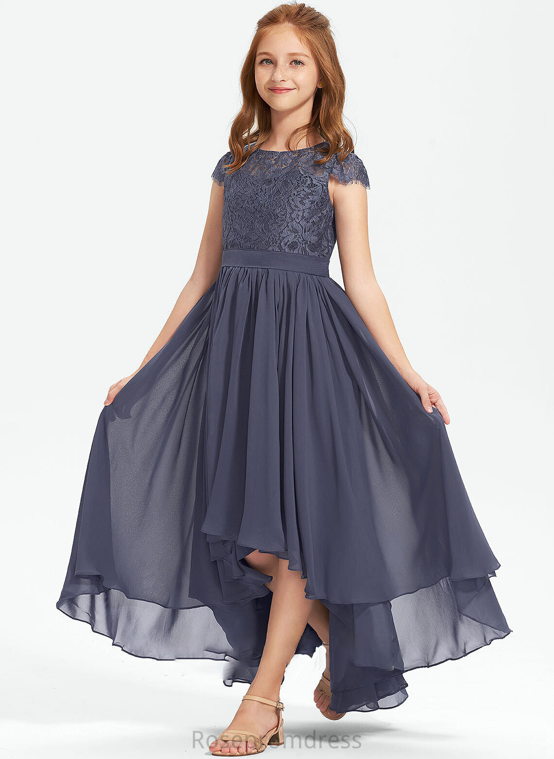 Asymmetrical Junior Bridesmaid Dresses Kirsten Scoop Neck Lace A-Line Chiffon