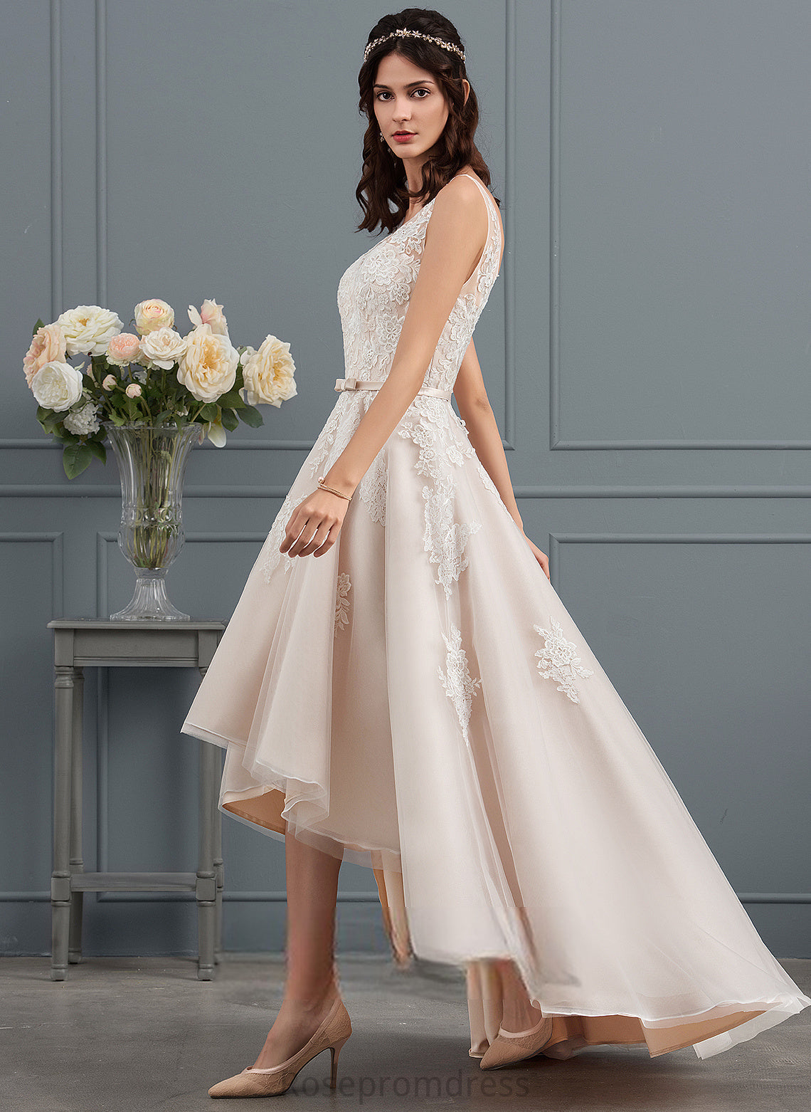 Dress Lena Asymmetrical Wedding Dresses Bow(s) Satin With Lace Wedding A-Line V-neck Tulle