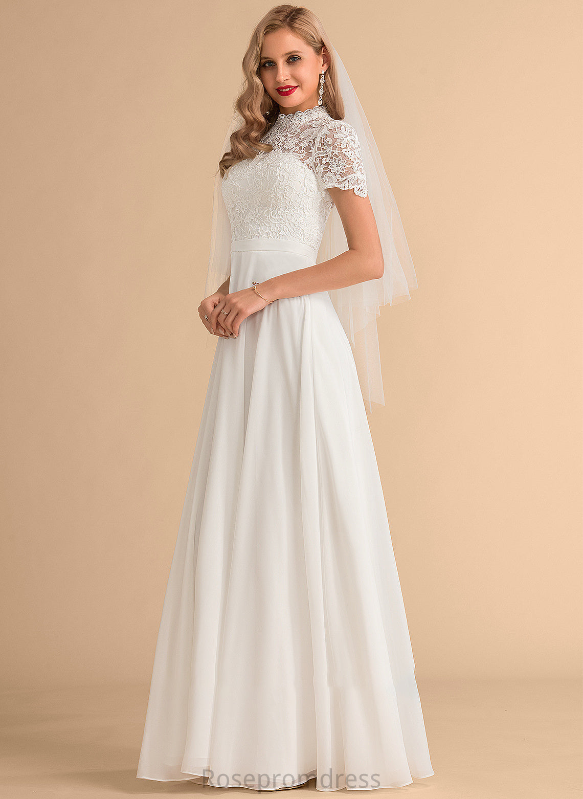 Chiffon Wedding Dresses Neck High Kendra Dress Wedding Floor-Length Lace A-Line