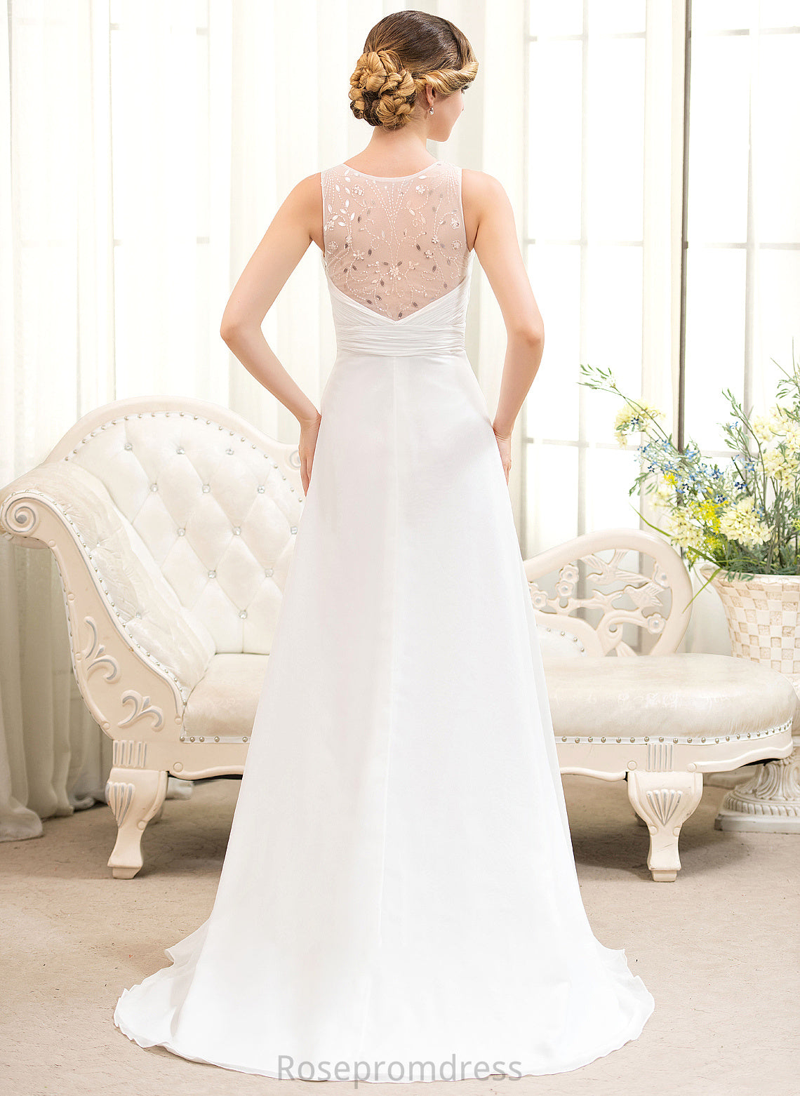 Cascading Wedding Michaela Wedding Dresses Chiffon Beading A-Line V-neck Train With Dress Sweep Ruffles Sequins
