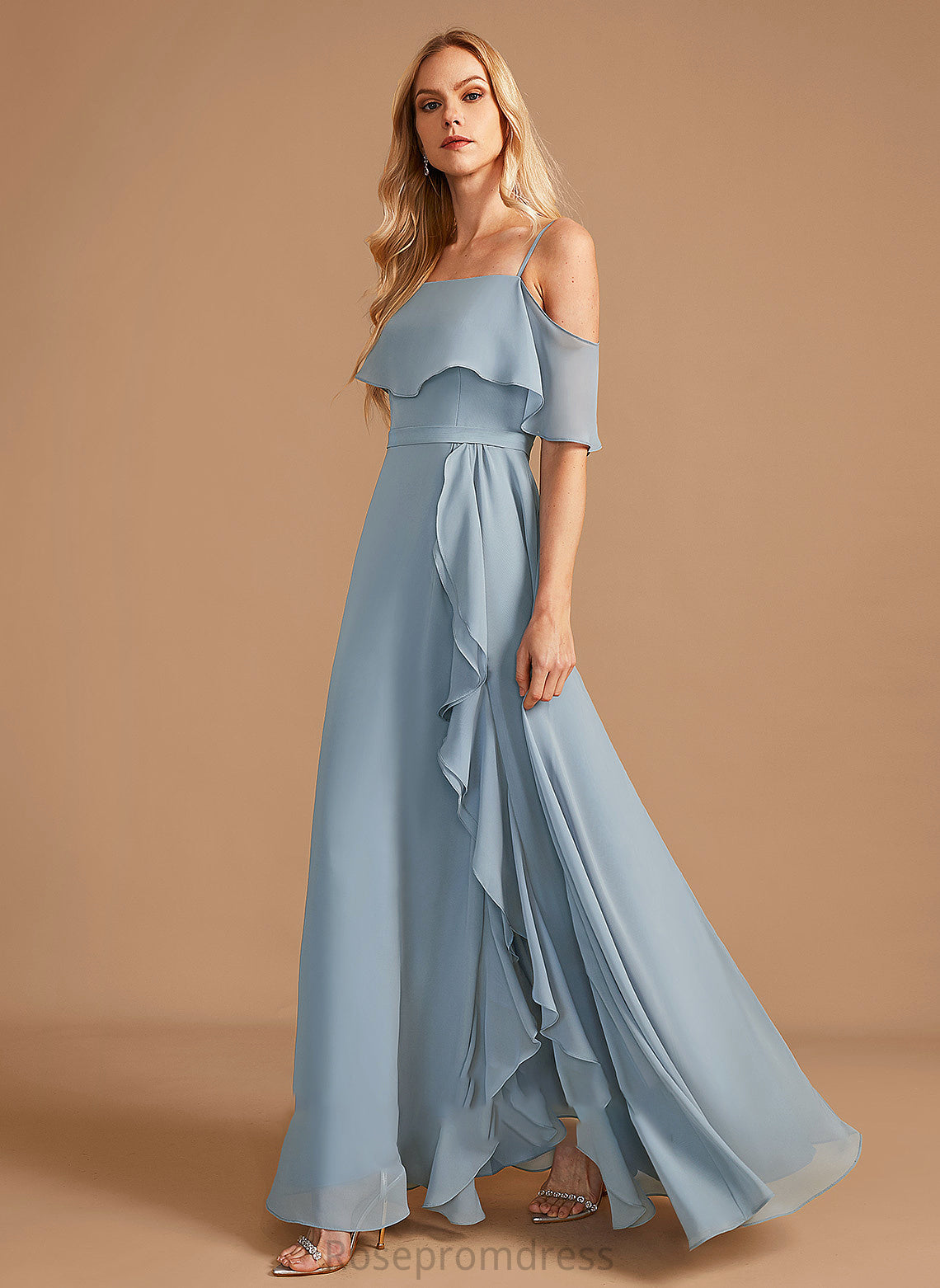 Ruffle Length Off-the-Shoulder A-Line Fabric Floor-Length SplitFront Silhouette Embellishment Neckline Jaliyah Natural Waist Bridesmaid Dresses