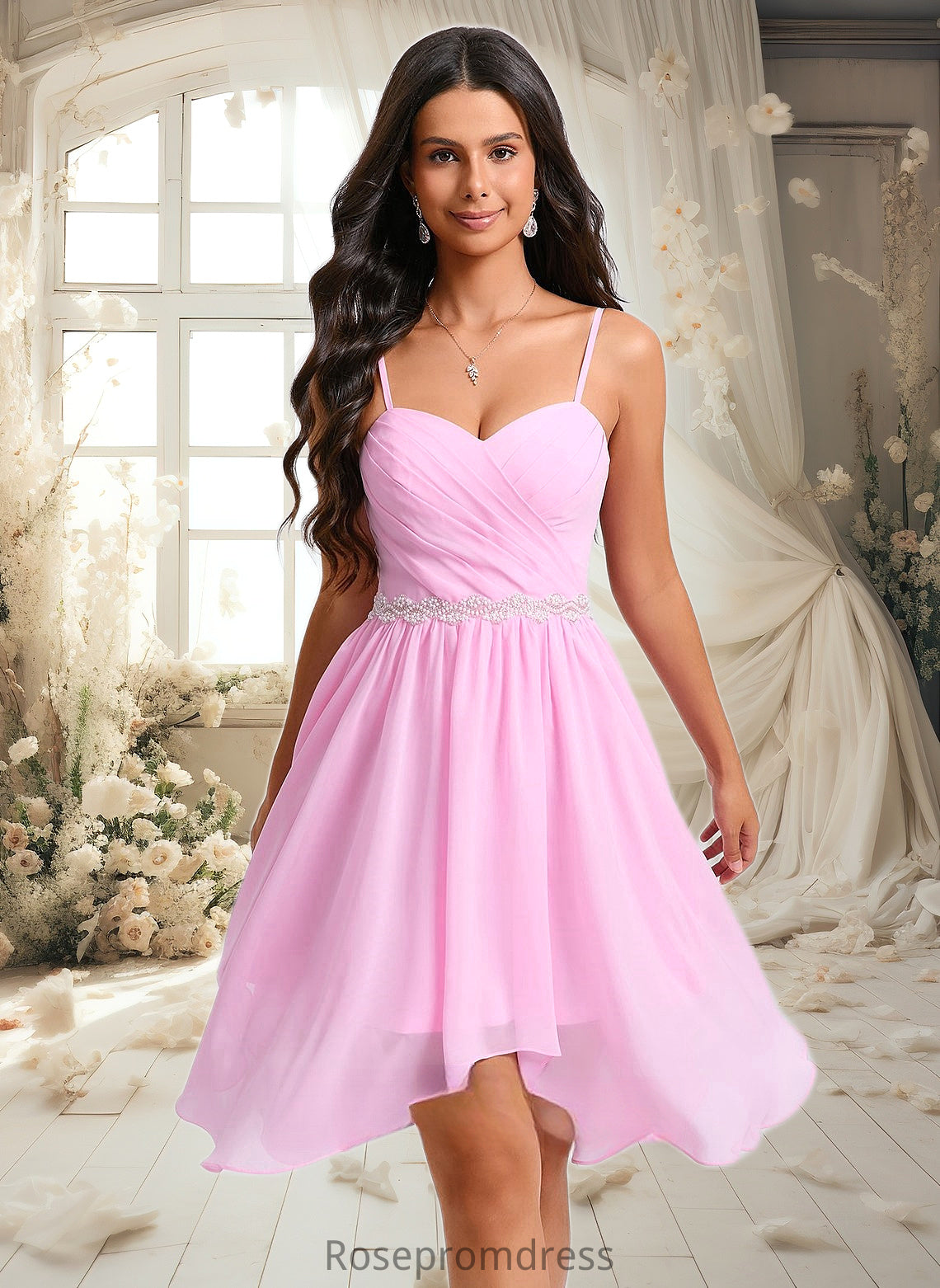 Elaine A-line Sweetheart Asymmetrical Chiffon Homecoming Dress With Beading DSP0025690