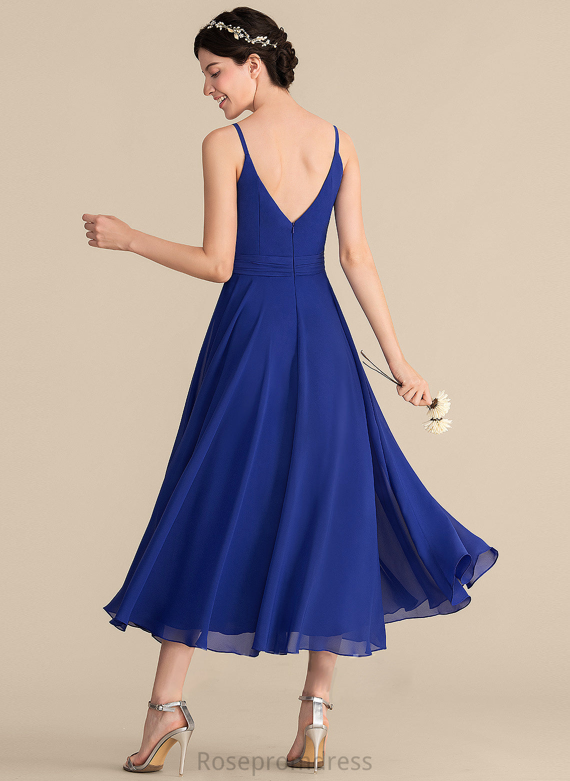 Fabric Length Embellishment Ruffle A-Line Tea-Length Bow(s) Neckline Silhouette V-neck Alena A-Line/Princess Bridesmaid Dresses
